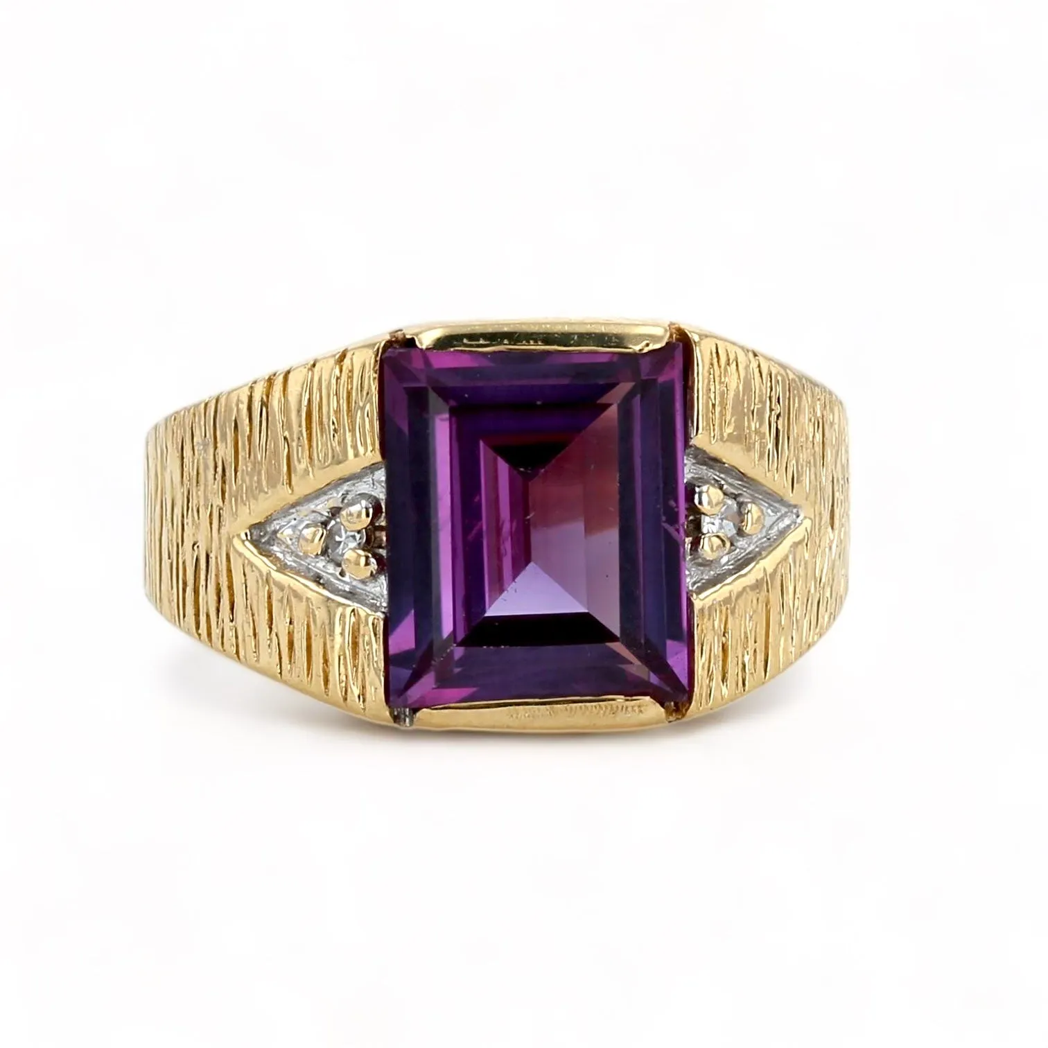 10K Yellow gold texture amethyst and diamonds statement ring-11368