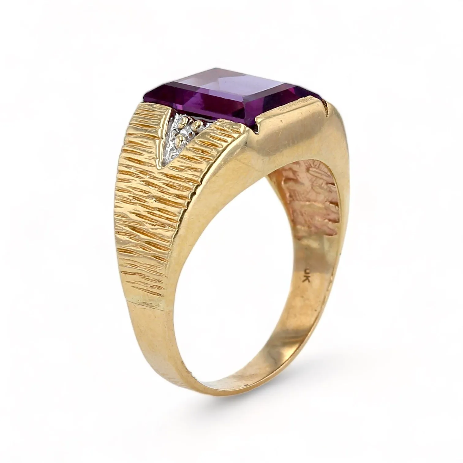 10K Yellow gold texture amethyst and diamonds statement ring-11368