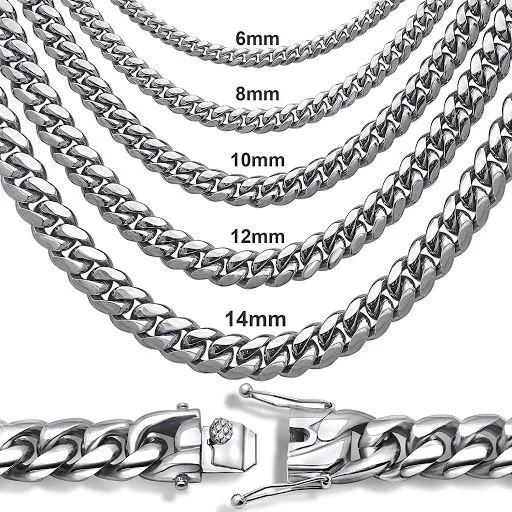 10mm 316L Stainless Steel Cuban Link Chain in White Gold