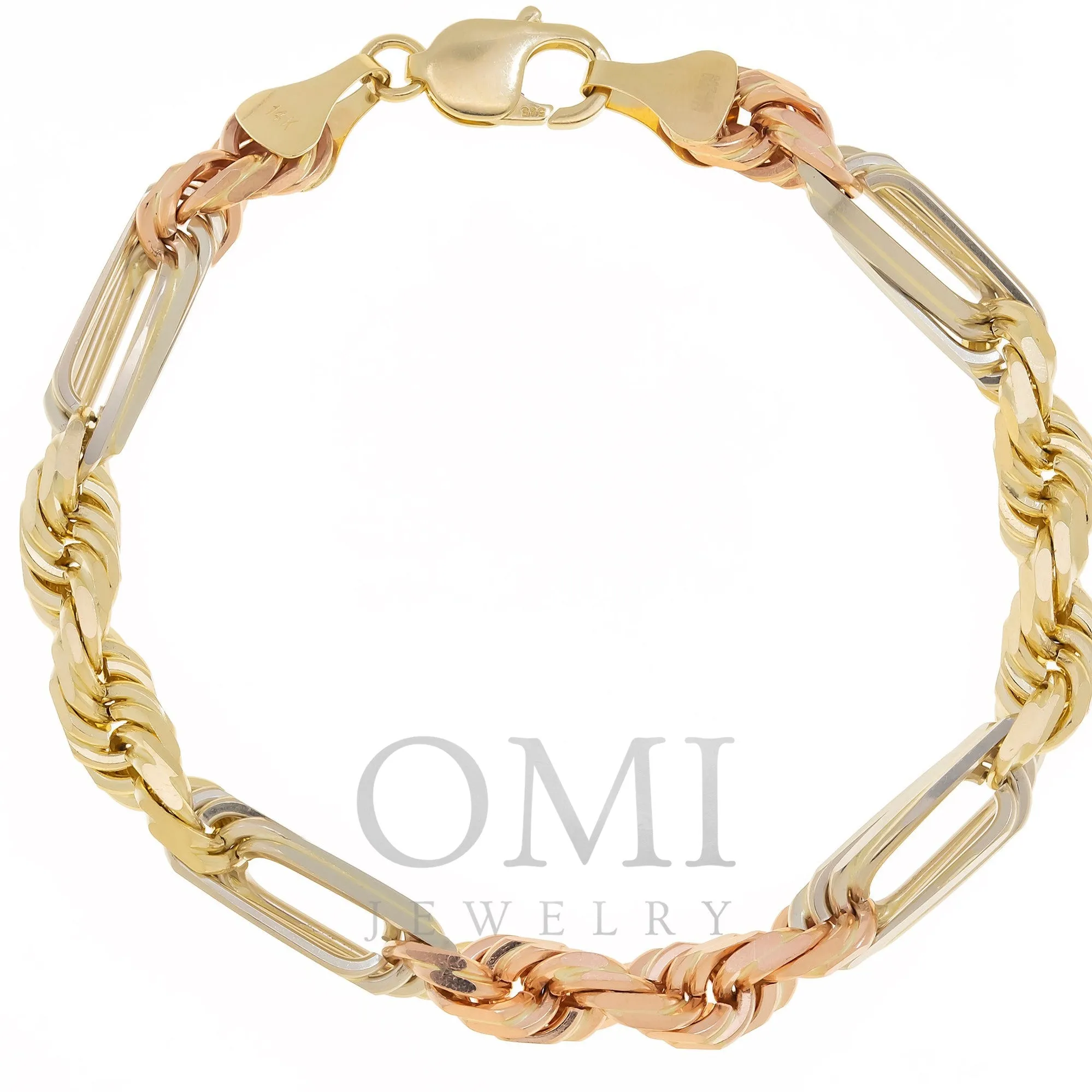 14K GOLD 6.5MM SOLID TRICOLOR MILANO CHAIN BRACELET