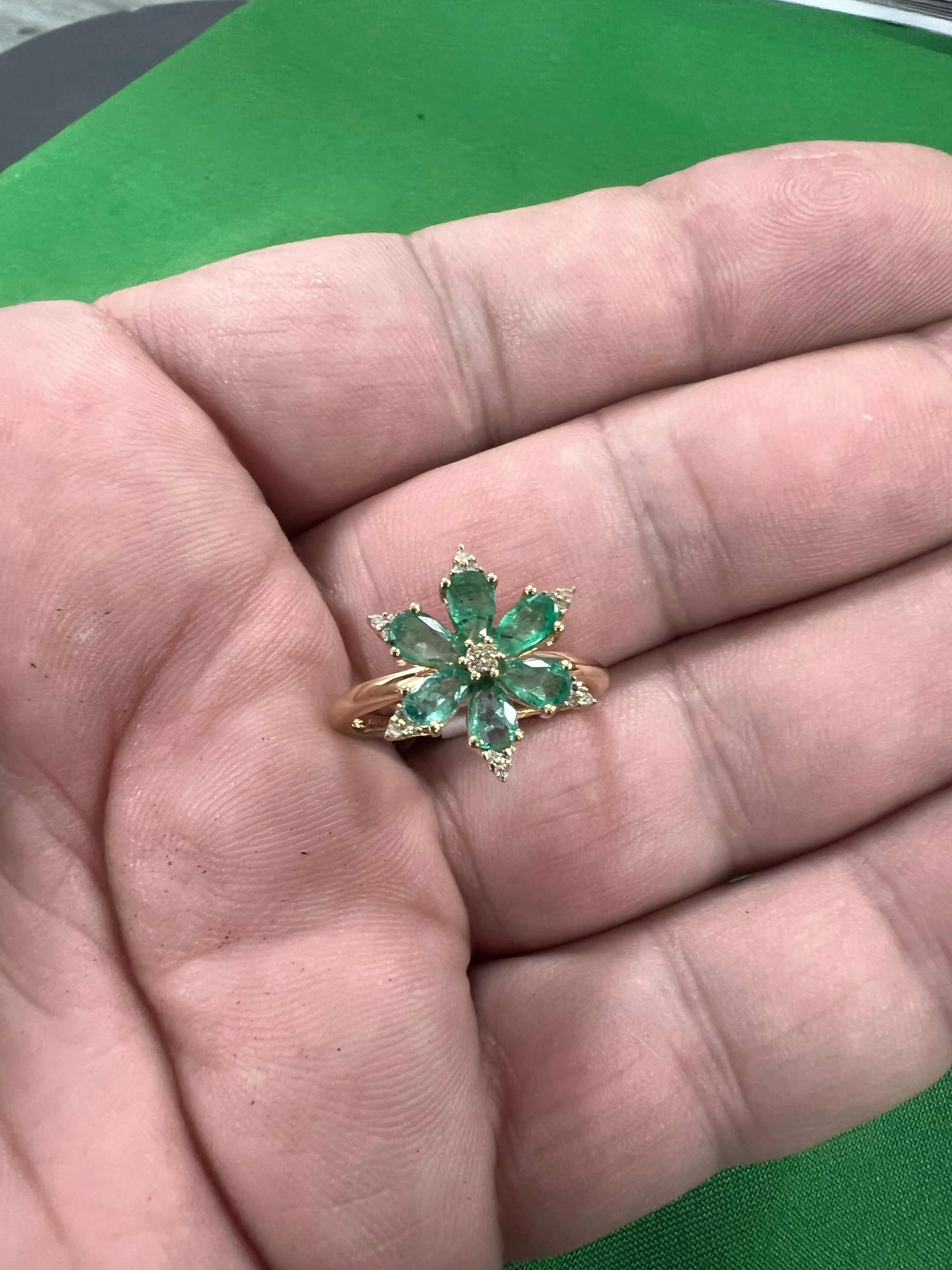 14K Yellow gold  Emerald and Diamond flower ring-31713