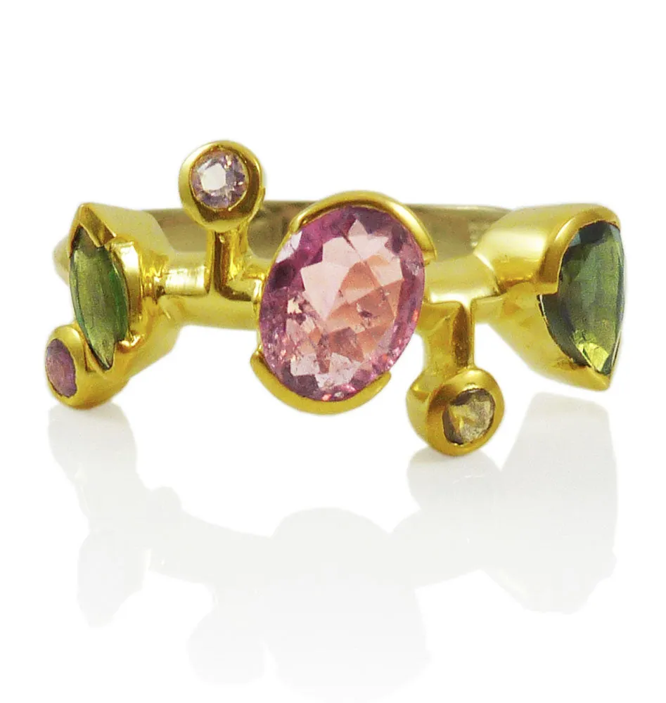 18K Gold Plated Six Stone Single Line Ring Mixed Tourmaline