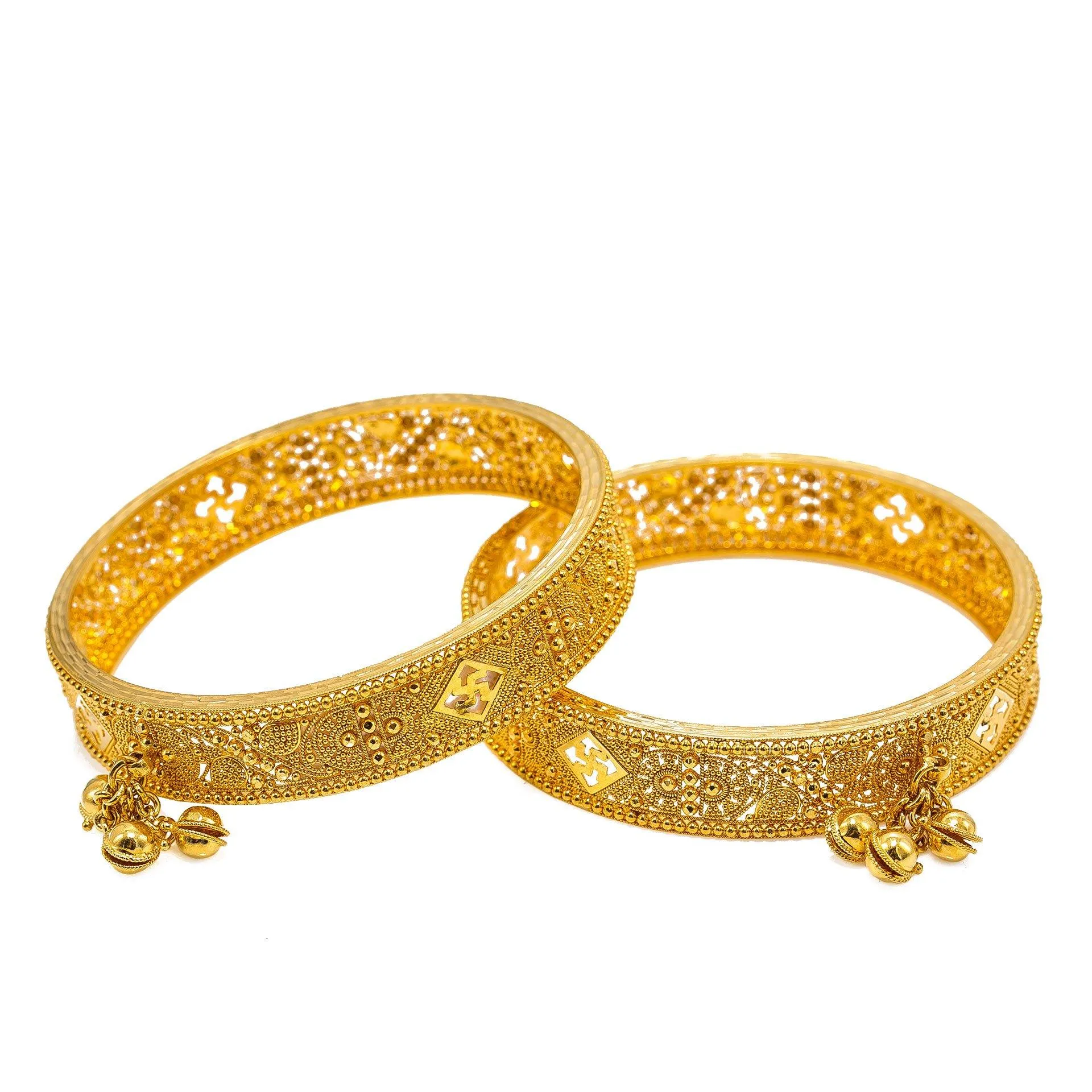 22K Yellow Gold Bangles Set of 2 W/ Hanging Gold Ball Accents