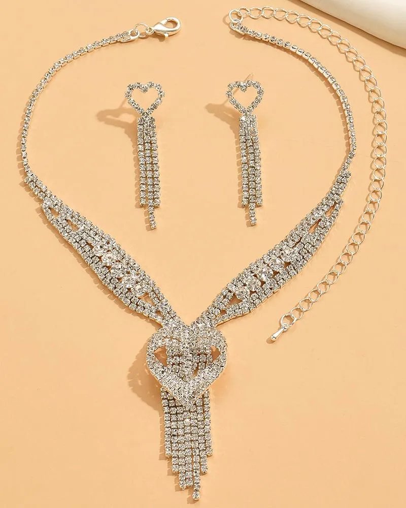 2PCS Rhinestone Decor Hollow Out Tassel Heart Pendant Necklace & Drop Earrings Wedding Bridal Gift Jewelry Set