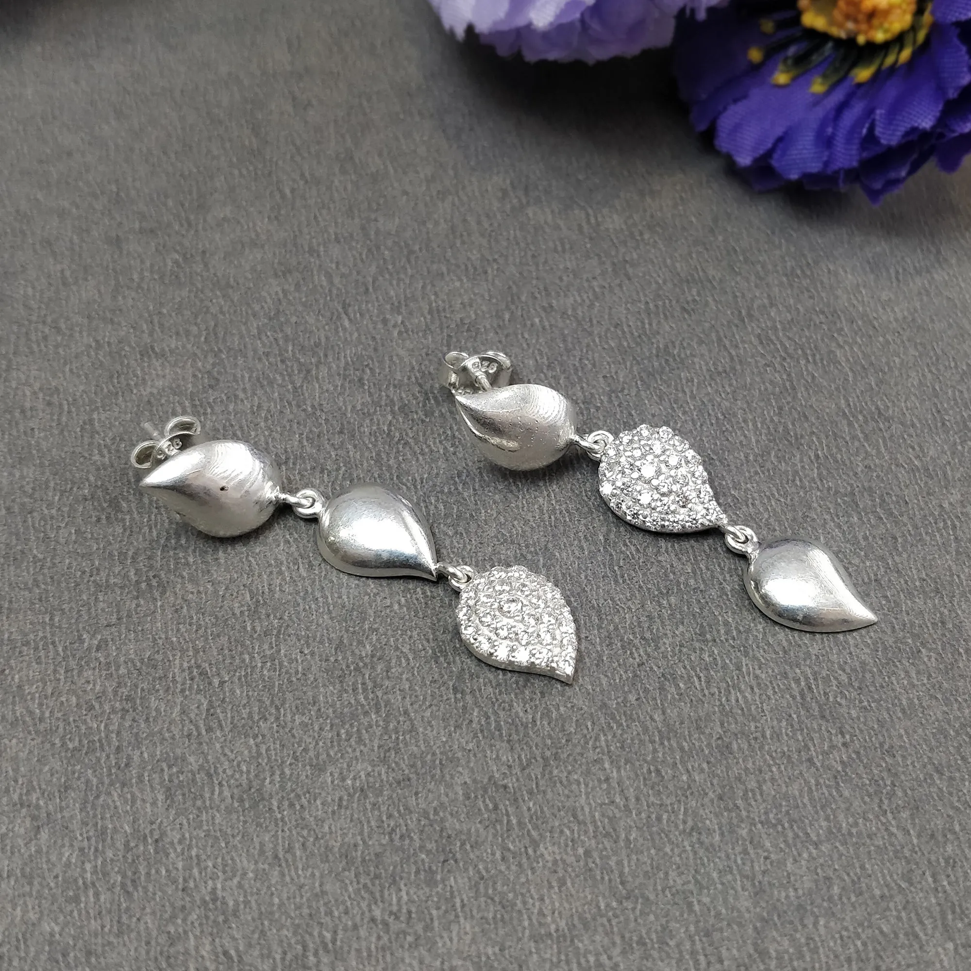 925 Sterling Silver & Cubic Zirconia Leaf Earrings : 8.00gms(Approx) Drop Dangle Bezel Push Back Earrings 1.75" Gift For Her