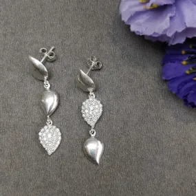 925 Sterling Silver & Cubic Zirconia Leaf Earrings : 8.00gms(Approx) Drop Dangle Bezel Push Back Earrings 1.75" Gift For Her