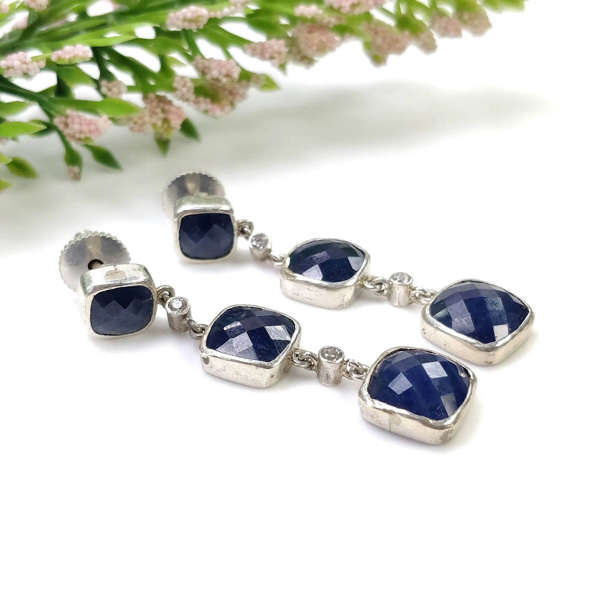 925 Sterling Silver BLUE SAPPHIRE Gemstone : 9.14gms Natural Cushion Push Back Bezel Set Triple Drop Dangle Earring  1.90"