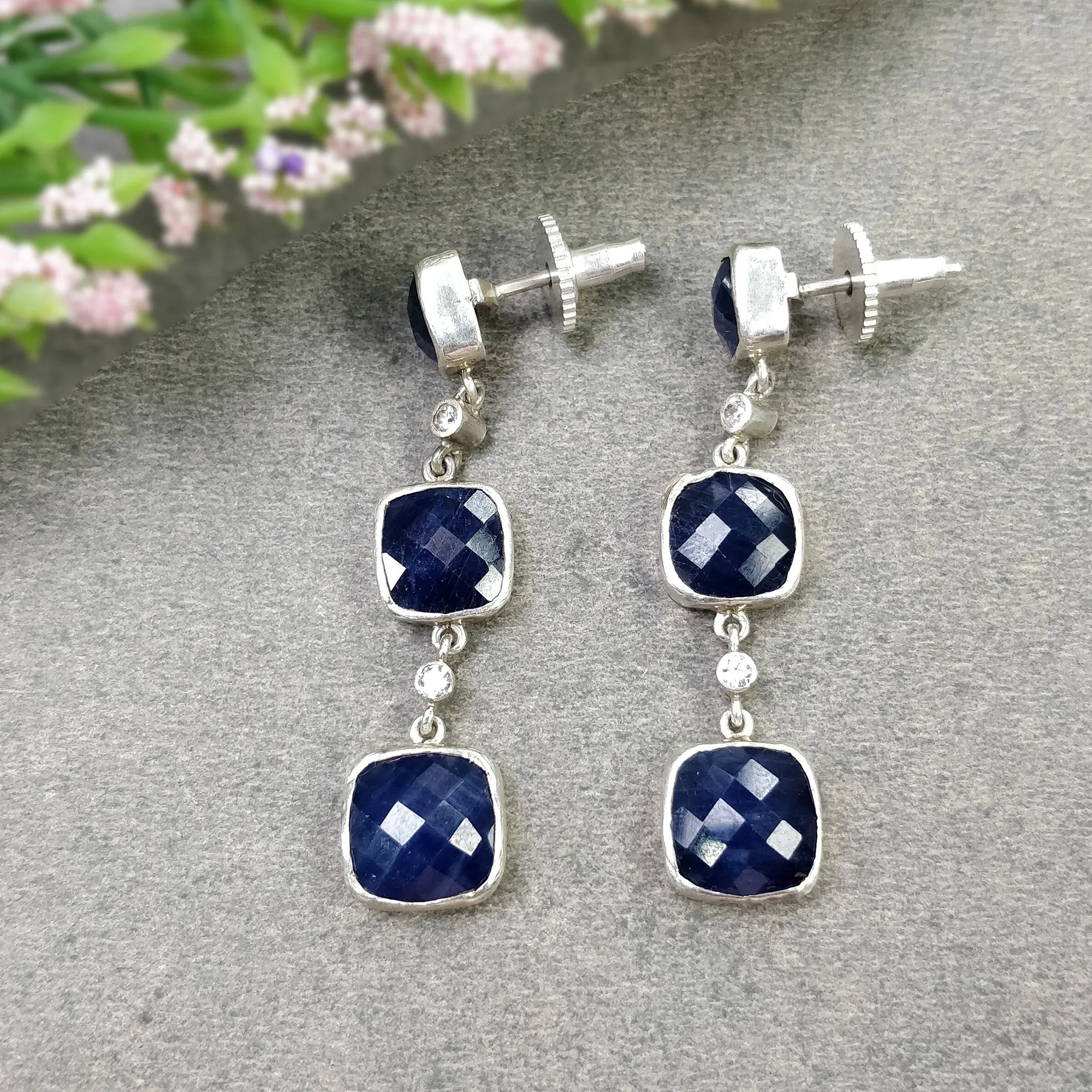 925 Sterling Silver BLUE SAPPHIRE Gemstone : 9.14gms Natural Cushion Push Back Bezel Set Triple Drop Dangle Earring  1.90"