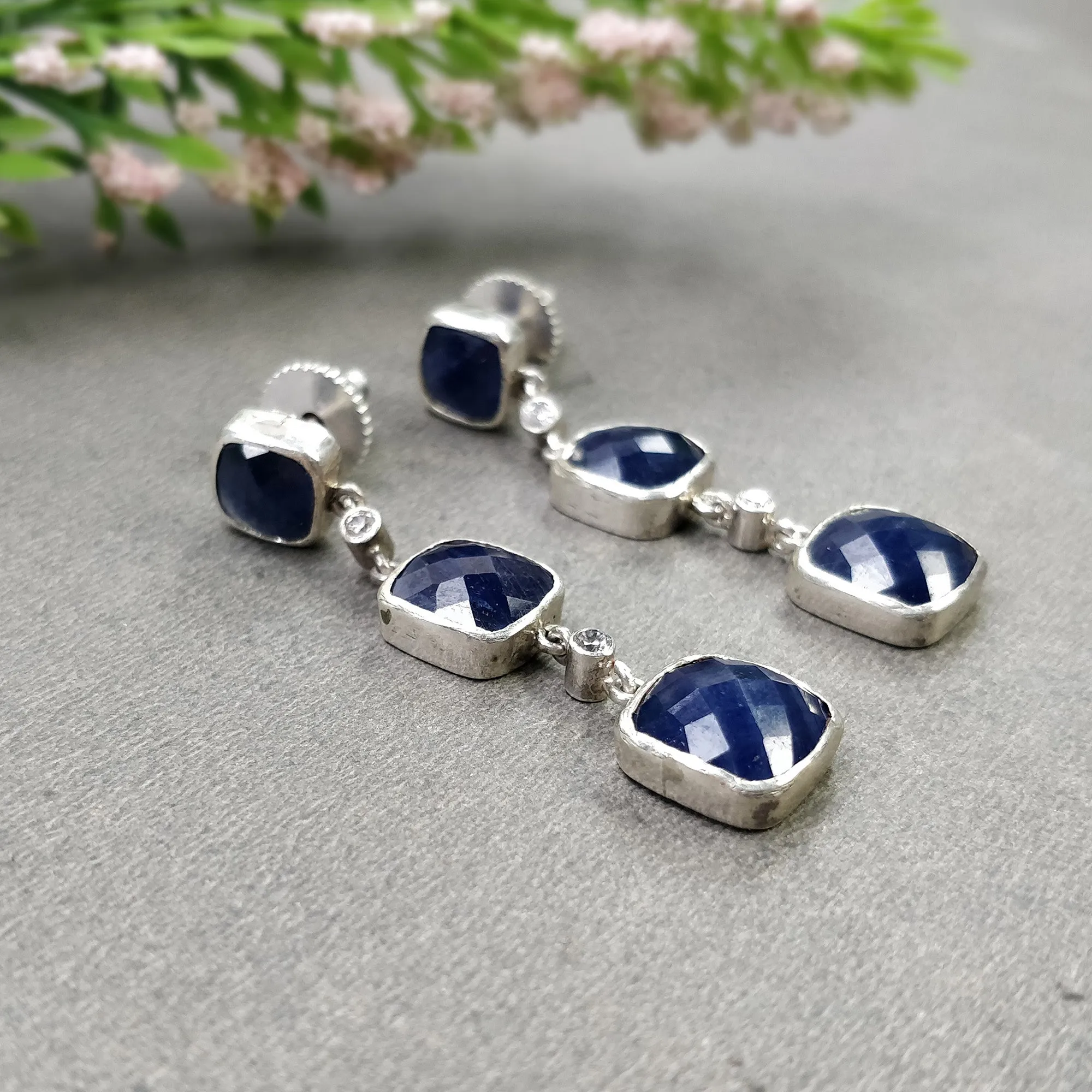 925 Sterling Silver BLUE SAPPHIRE Gemstone : 9.14gms Natural Cushion Push Back Bezel Set Triple Drop Dangle Earring  1.90"