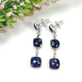 925 Sterling Silver BLUE SAPPHIRE Gemstone : 9.14gms Natural Cushion Push Back Bezel Set Triple Drop Dangle Earring  1.90"