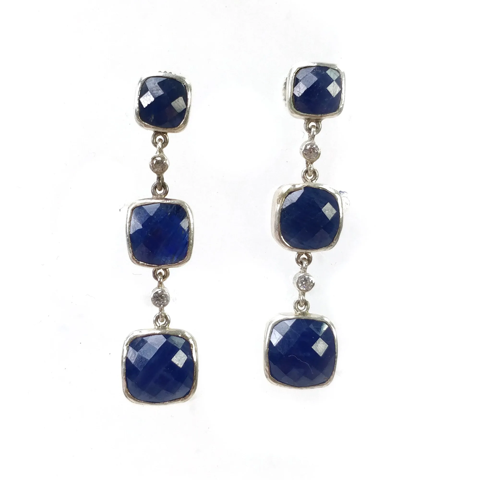 925 Sterling Silver BLUE SAPPHIRE Gemstone : 9.14gms Natural Cushion Push Back Bezel Set Triple Drop Dangle Earring  1.90"