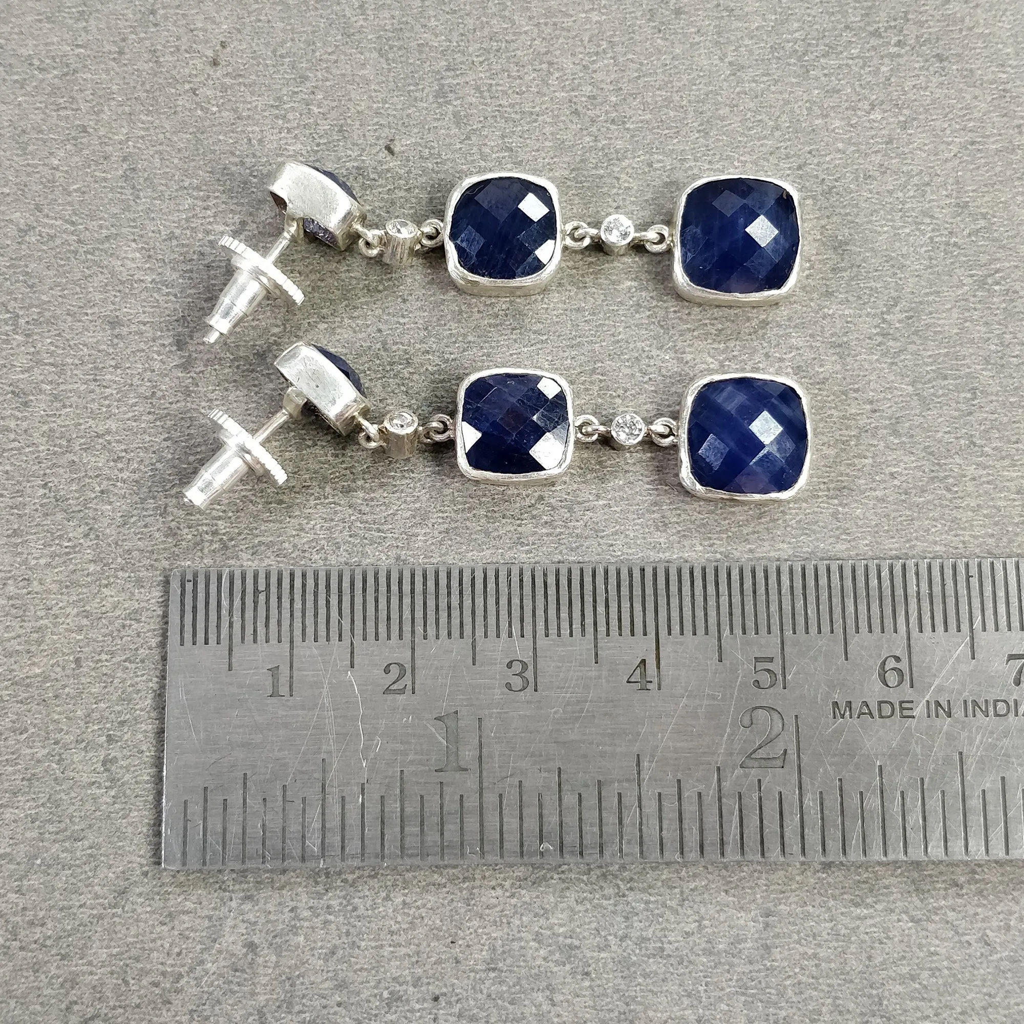 925 Sterling Silver BLUE SAPPHIRE Gemstone : 9.14gms Natural Cushion Push Back Bezel Set Triple Drop Dangle Earring  1.90"