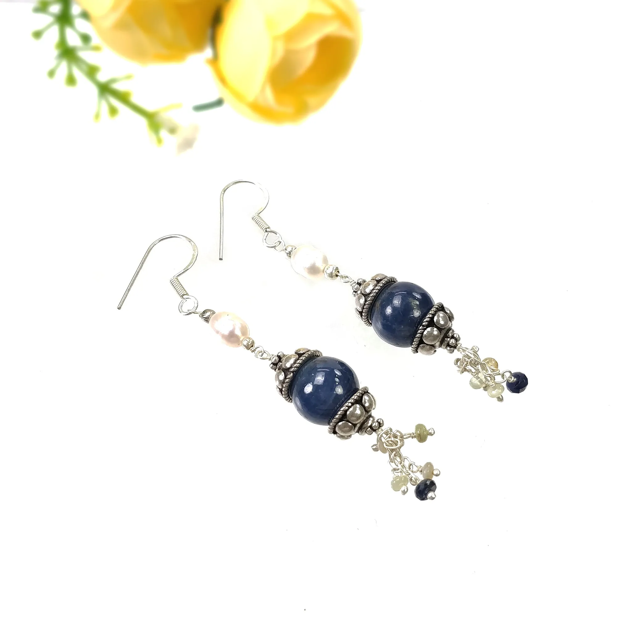 925 Sterling Silver BLUE SAPPHIRE Gemstone Beaded Earrings : 13.28gms Natural Pearl Drop Dangle Hook Earrings 2.85"