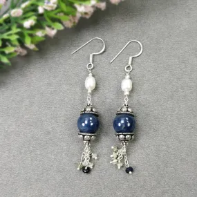 925 Sterling Silver BLUE SAPPHIRE Gemstone Beaded Earrings : 13.28gms Natural Pearl Drop Dangle Hook Earrings 2.85"