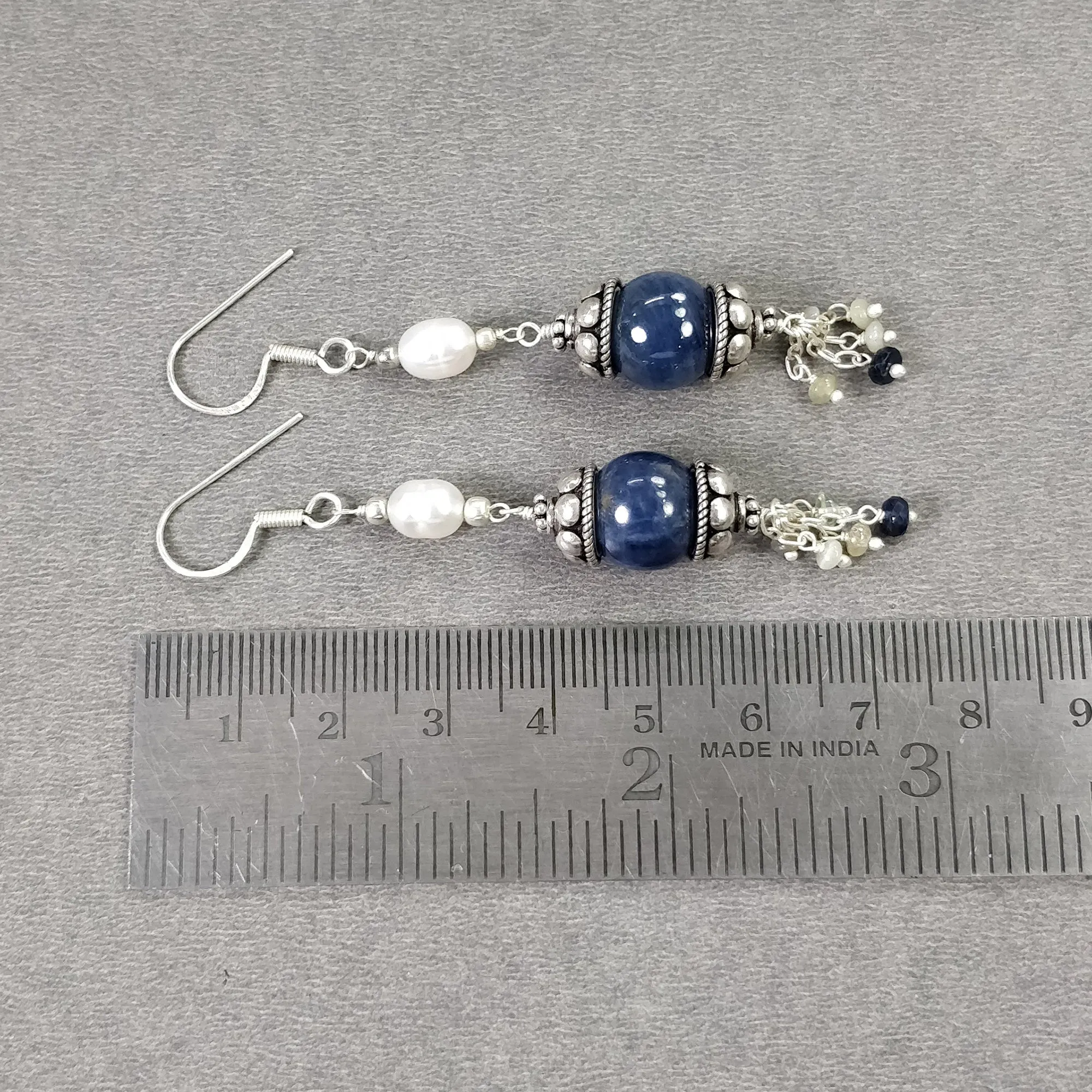 925 Sterling Silver BLUE SAPPHIRE Gemstone Beaded Earrings : 13.28gms Natural Pearl Drop Dangle Hook Earrings 2.85"