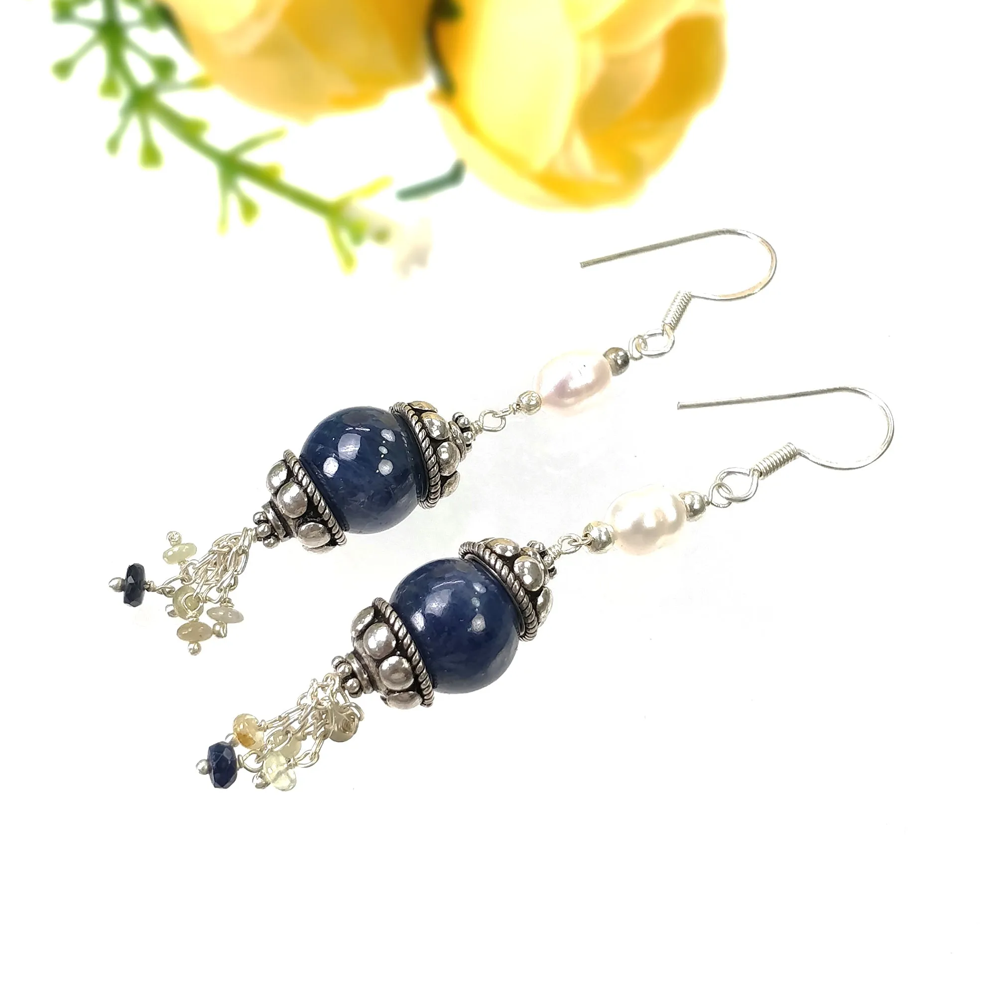 925 Sterling Silver BLUE SAPPHIRE Gemstone Beaded Earrings : 13.28gms Natural Pearl Drop Dangle Hook Earrings 2.85"