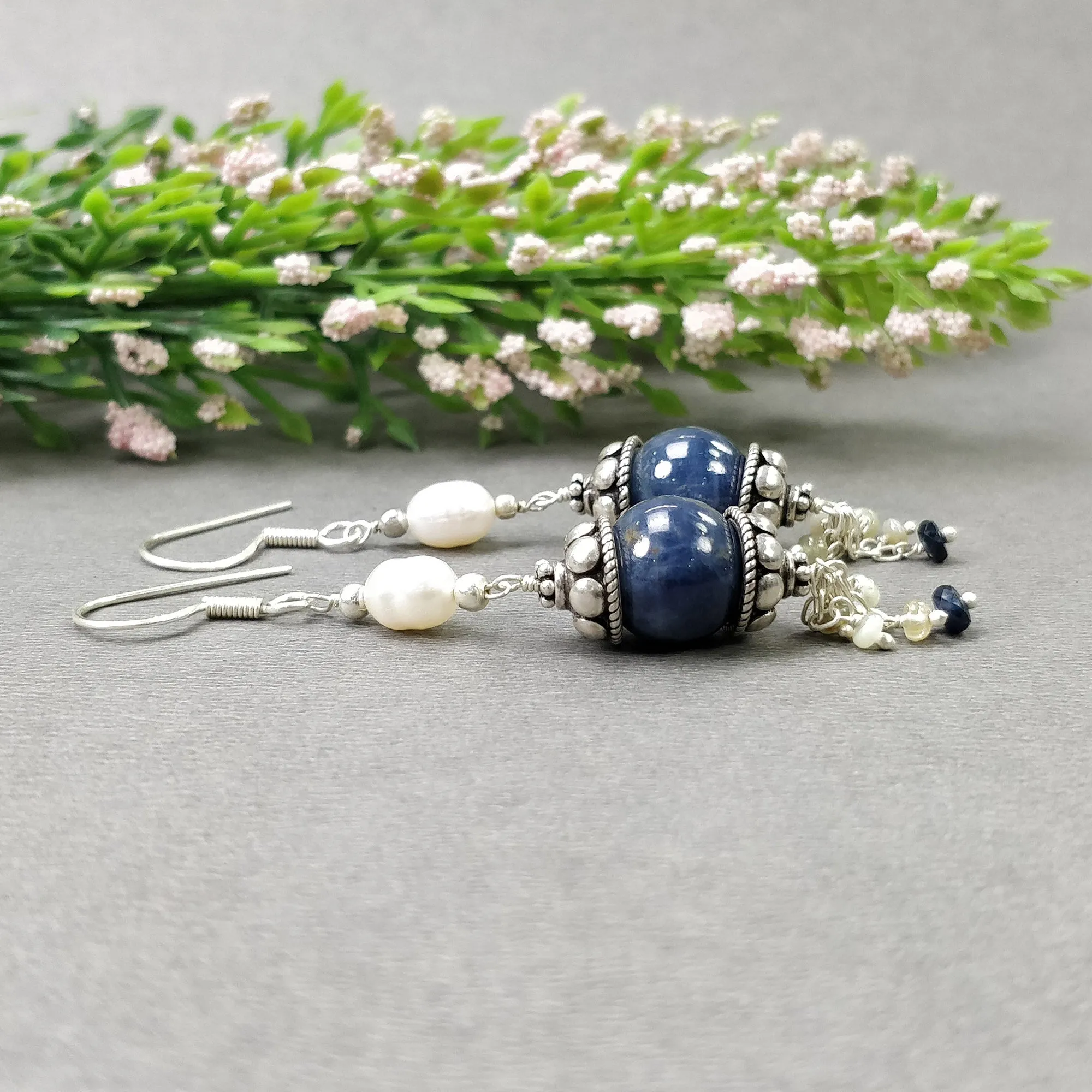 925 Sterling Silver BLUE SAPPHIRE Gemstone Beaded Earrings : 13.28gms Natural Pearl Drop Dangle Hook Earrings 2.85"