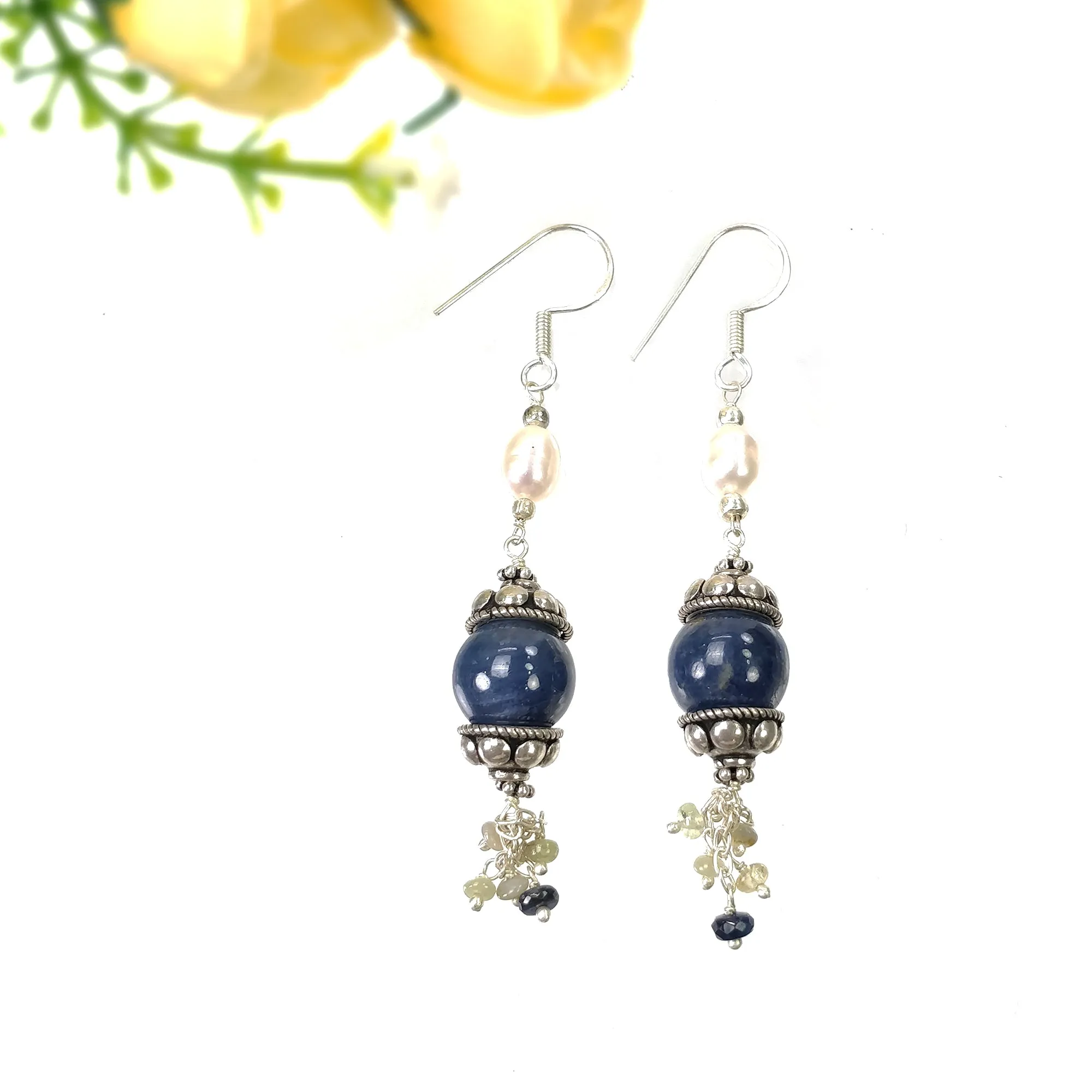 925 Sterling Silver BLUE SAPPHIRE Gemstone Beaded Earrings : 13.28gms Natural Pearl Drop Dangle Hook Earrings 2.85"