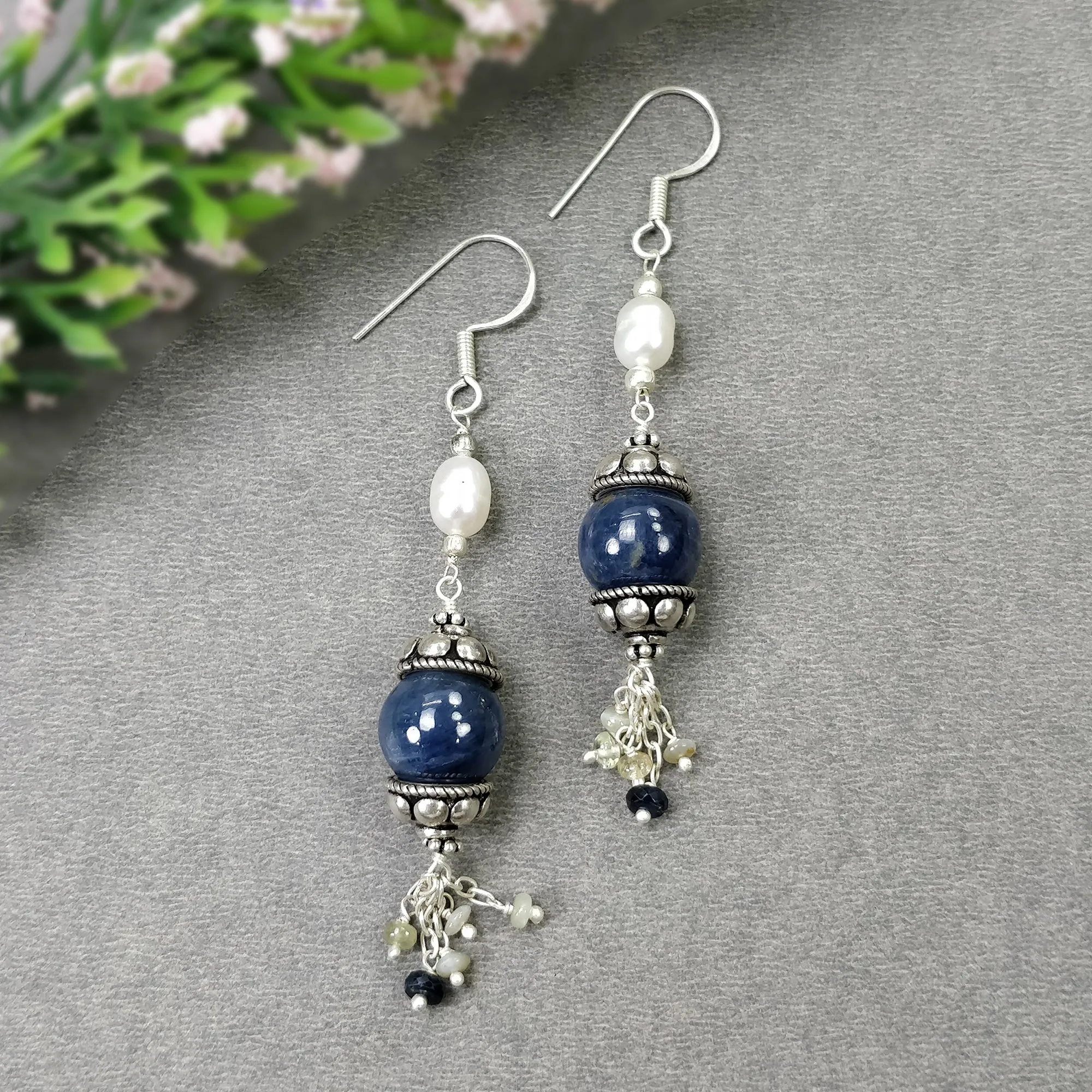 925 Sterling Silver BLUE SAPPHIRE Gemstone Beaded Earrings : 13.28gms Natural Pearl Drop Dangle Hook Earrings 2.85"