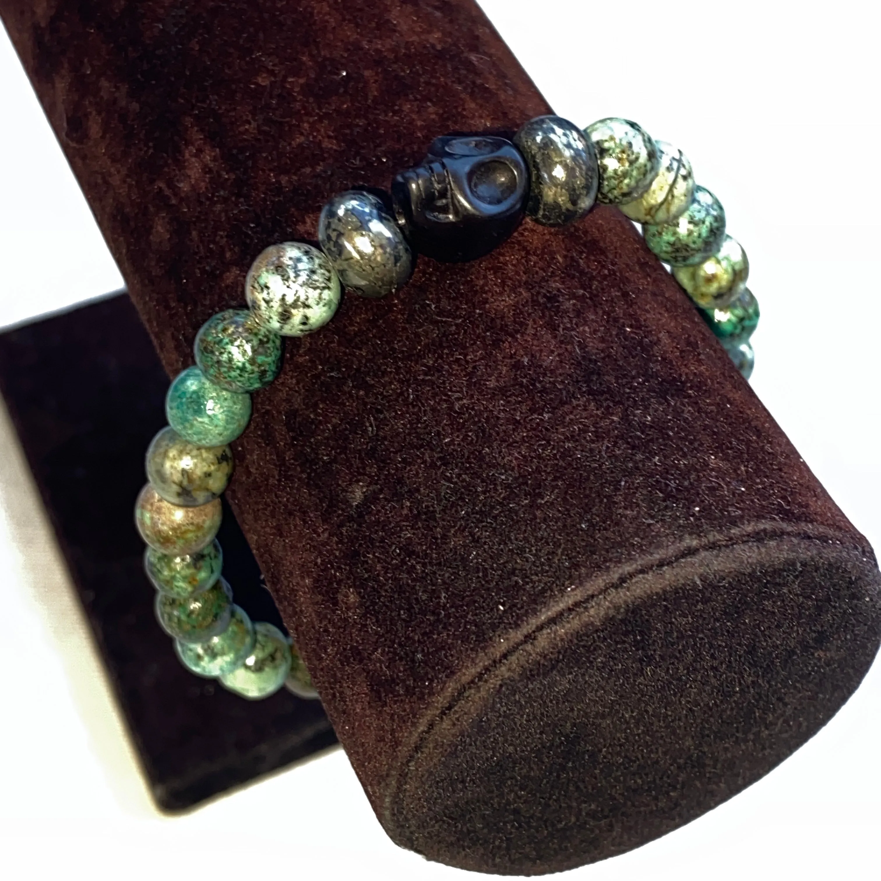 African Turquoise, Pyrite, and Howlite Skull Men’s Stretch Bracelet