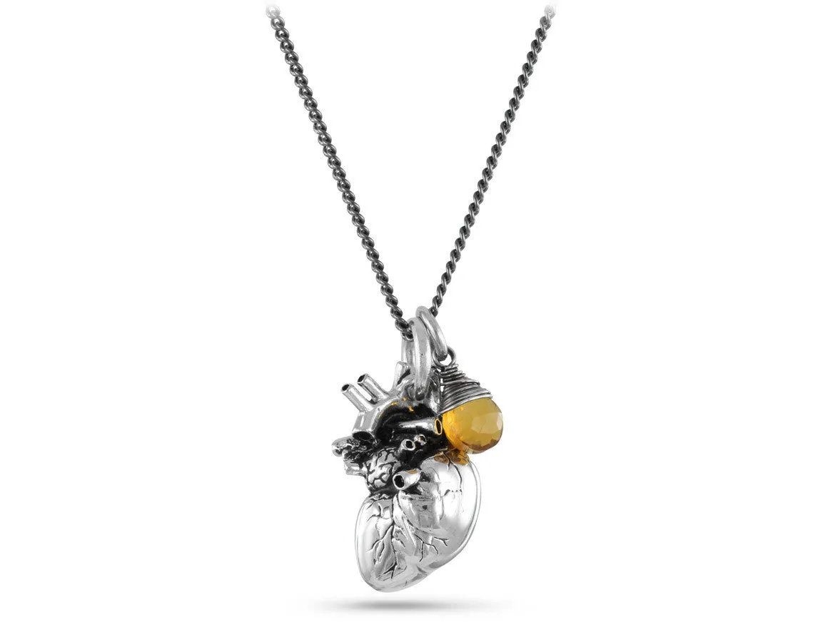 Anatomical Heart Necklace with Citrine - Silver