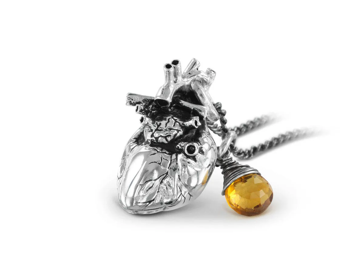 Anatomical Heart Necklace with Citrine - Silver