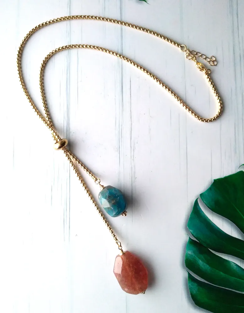 Apatite & Strawberry Quartz Nugget Slider Necklace