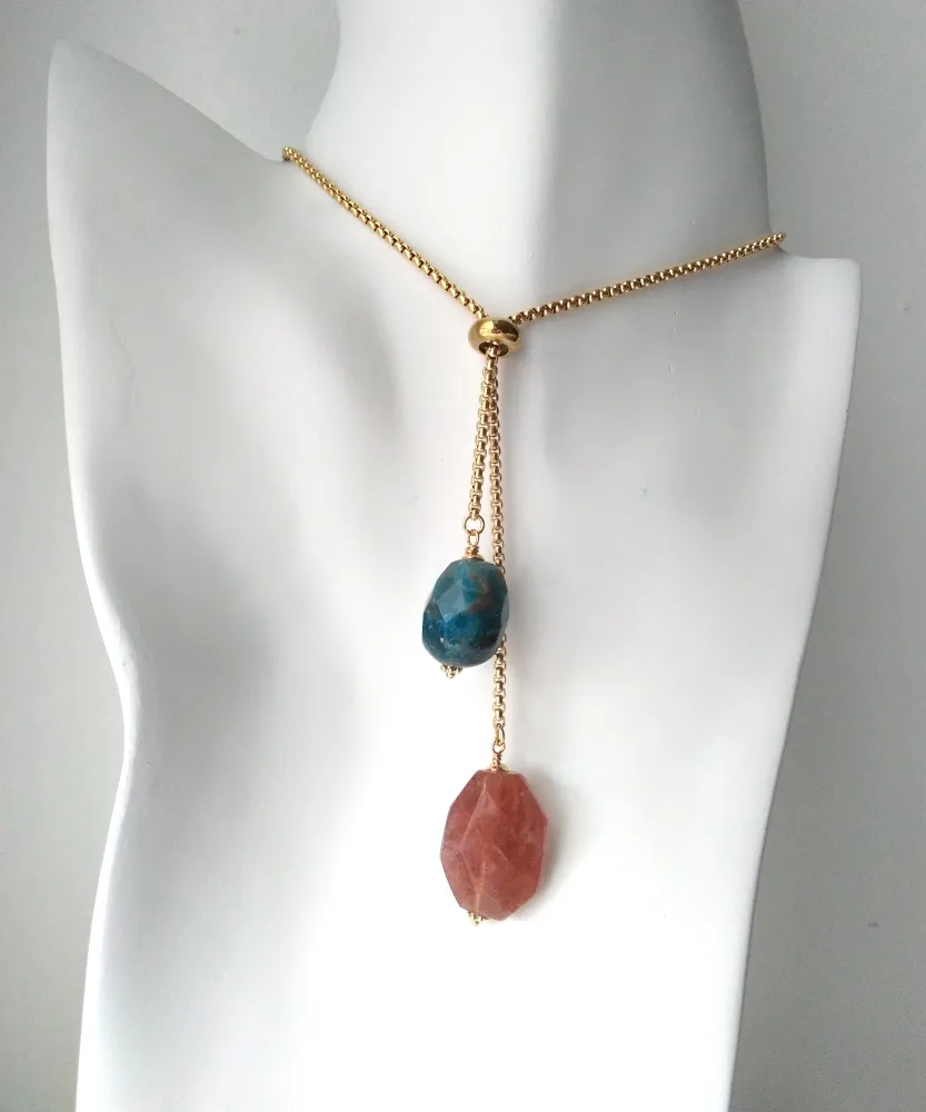 Apatite & Strawberry Quartz Nugget Slider Necklace