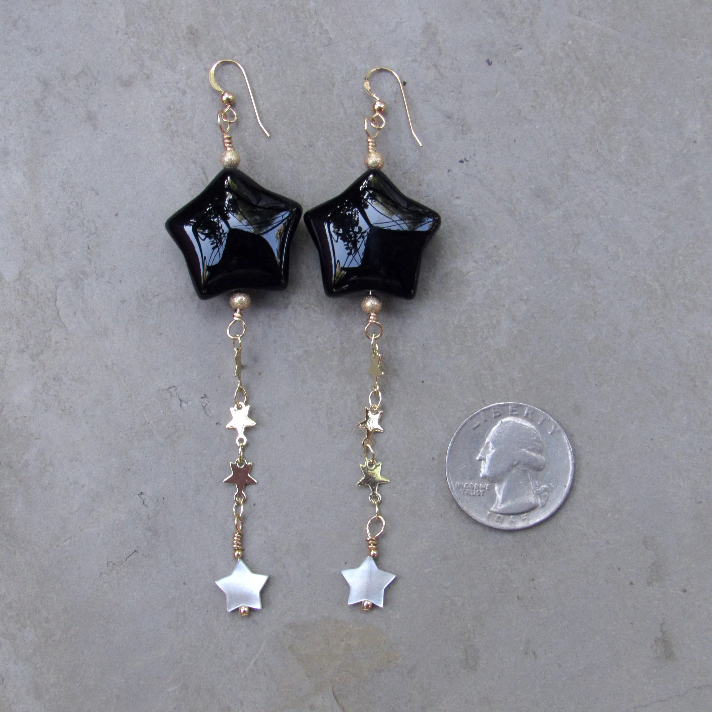 Black Agate Star, 14 kt Gold Fill, and Mother of Pearl Drop Earrings