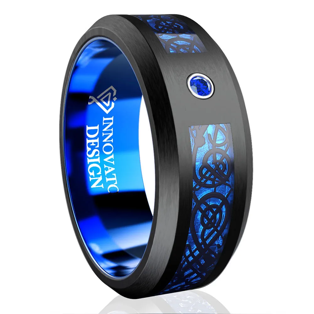 Black Tungsten Carbide Dragon Blue Inlay with Cubic Zirconia Firestone Wedding Band