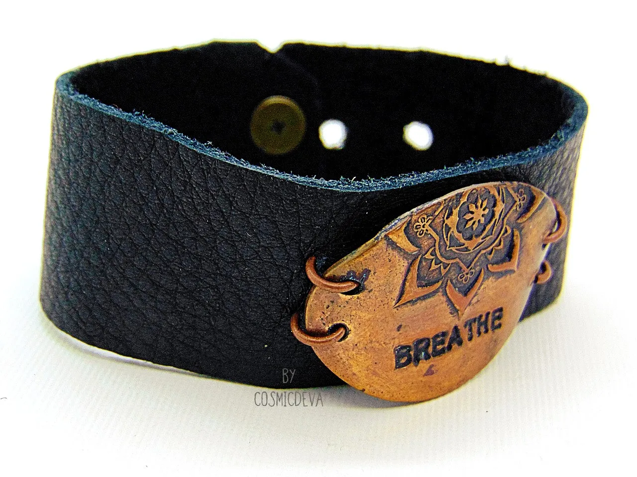 Breathe Deer Leather Copper Bracelet, Inspirational Yoga Mandala Bracelet