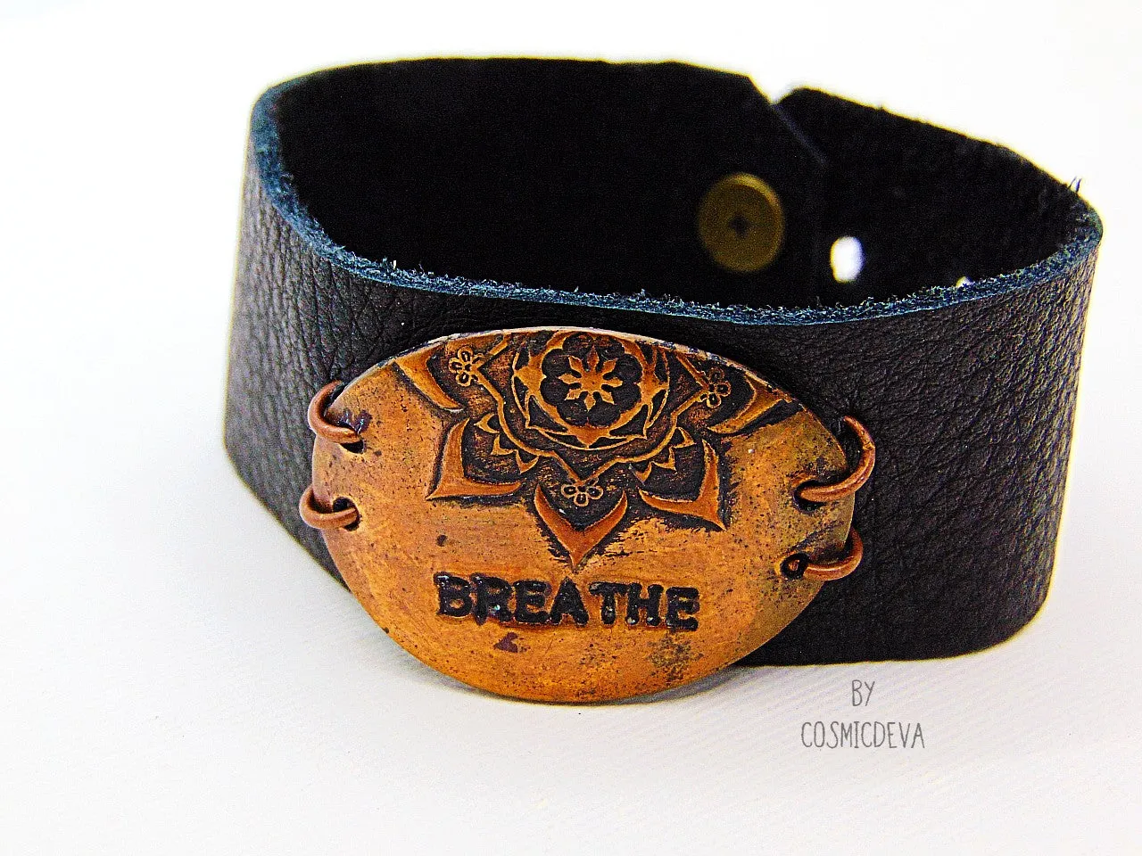 Breathe Deer Leather Copper Bracelet, Inspirational Yoga Mandala Bracelet