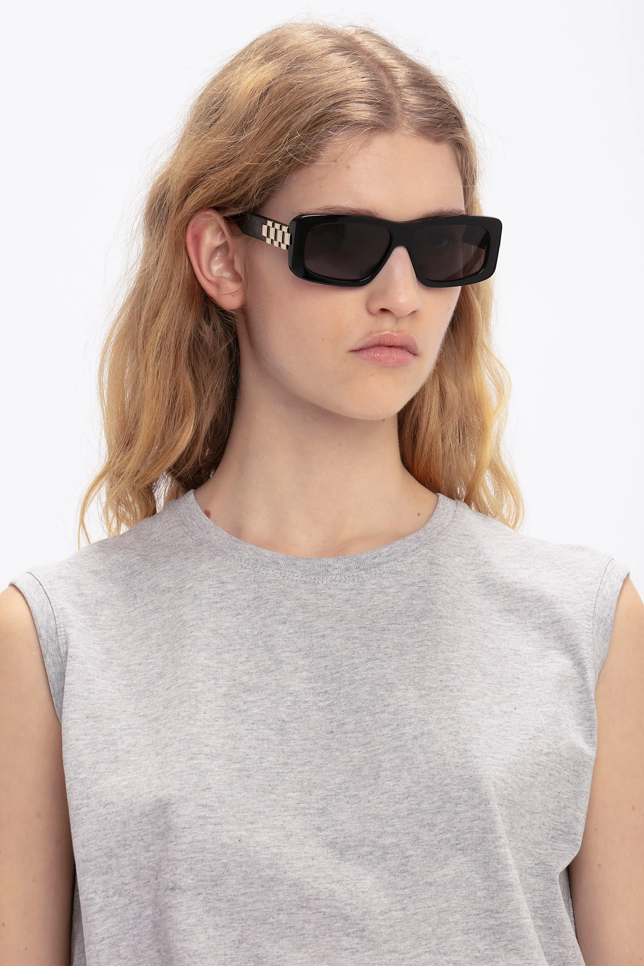 Chain Detail Rectangular Frame Sunglasses In Black