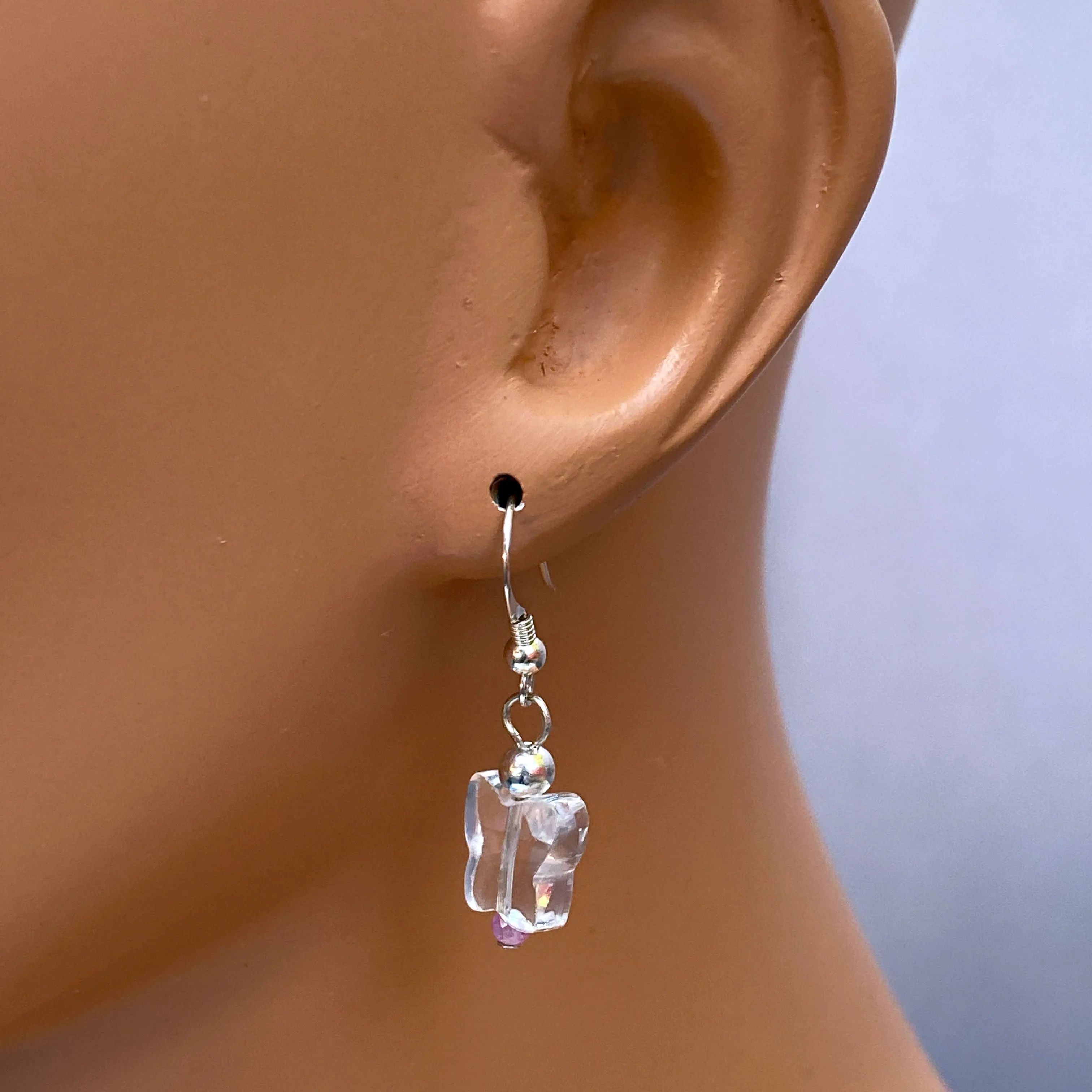 Clear Quartz Butterflies with Pink Sapphires and Sterling Silver Drop Earrings