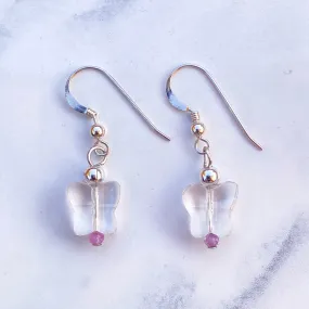 Clear Quartz Butterflies with Pink Sapphires and Sterling Silver Drop Earrings