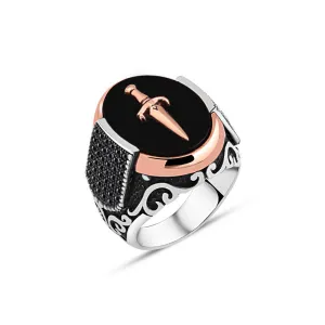 Dagger on Ellipse Black Onyx Stone Silver Men's Ring Siding Zircons in Epaulet Shape