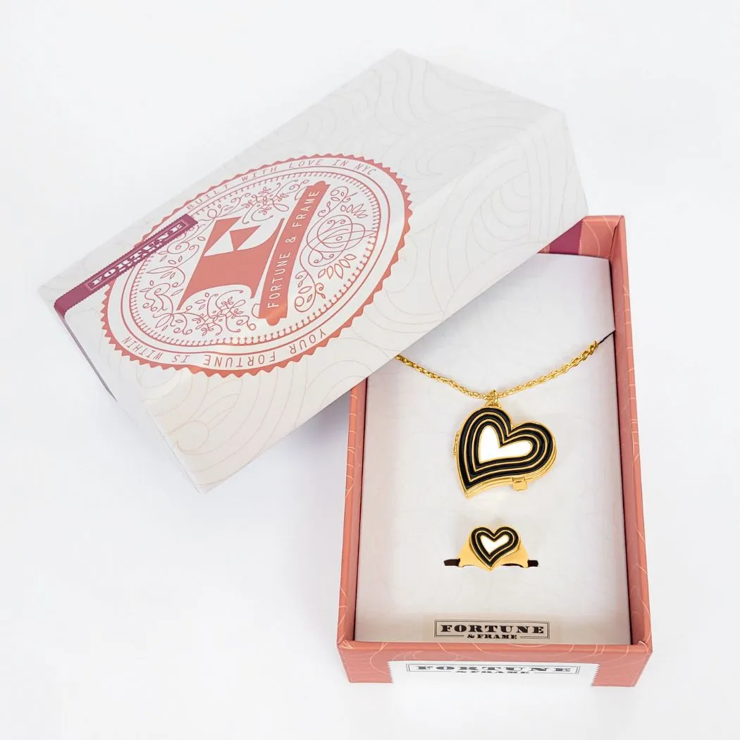 Deco Heart Locket & Signet Ring Gift Set (Onyx & Ivory) - Gold