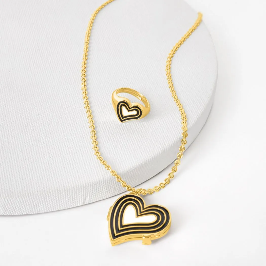 Deco Heart Locket & Signet Ring Gift Set (Onyx & Ivory) - Gold