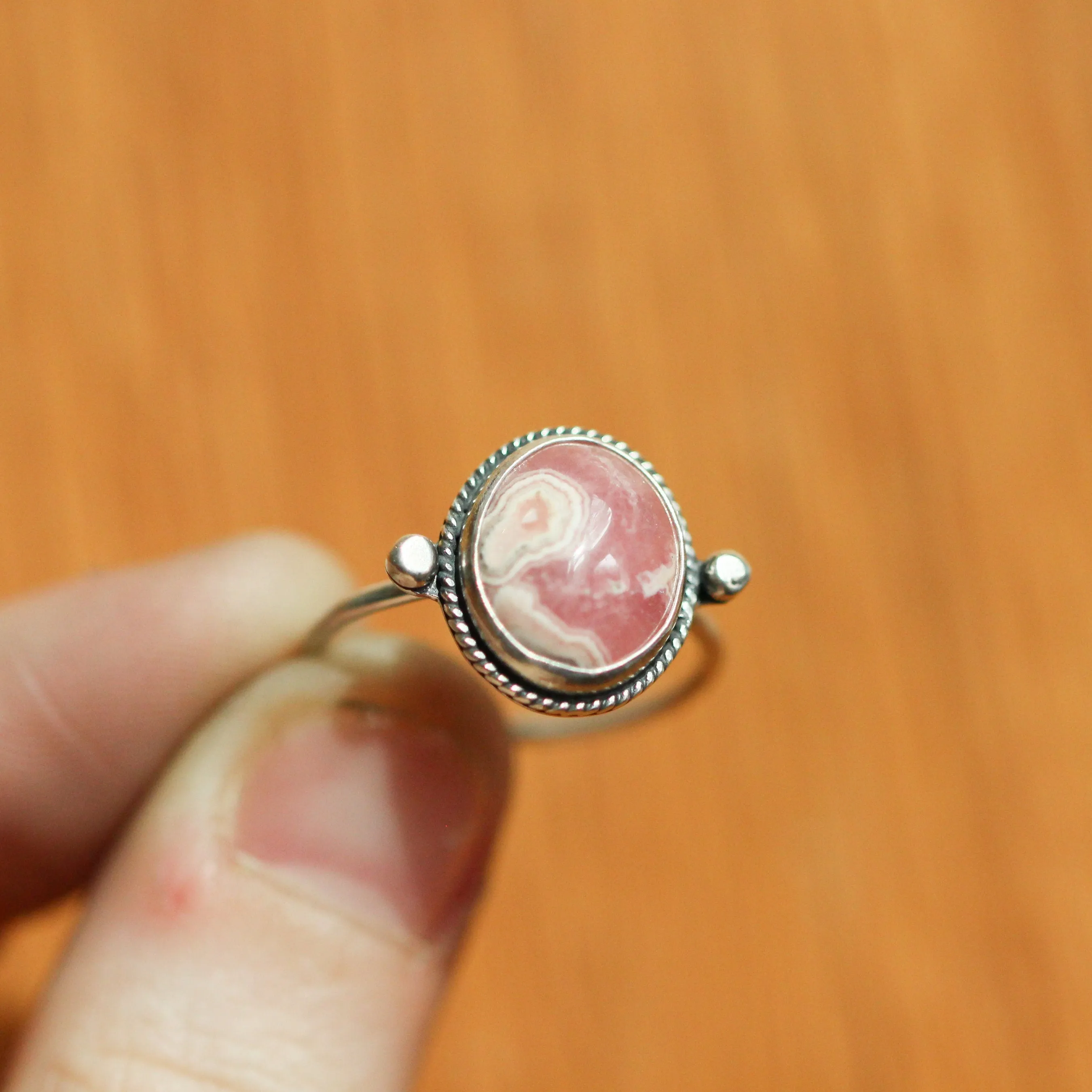 Delica Ring - Rhodochrosite Ring - .925 Sterling Silver Ring - Silversmith Ring - Rhodochrosite Stacker