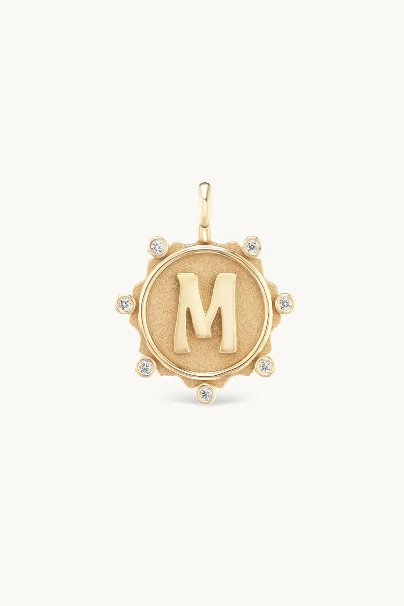 Diamond Borador Alphabet Coin Charm - 14k Yellow Gold