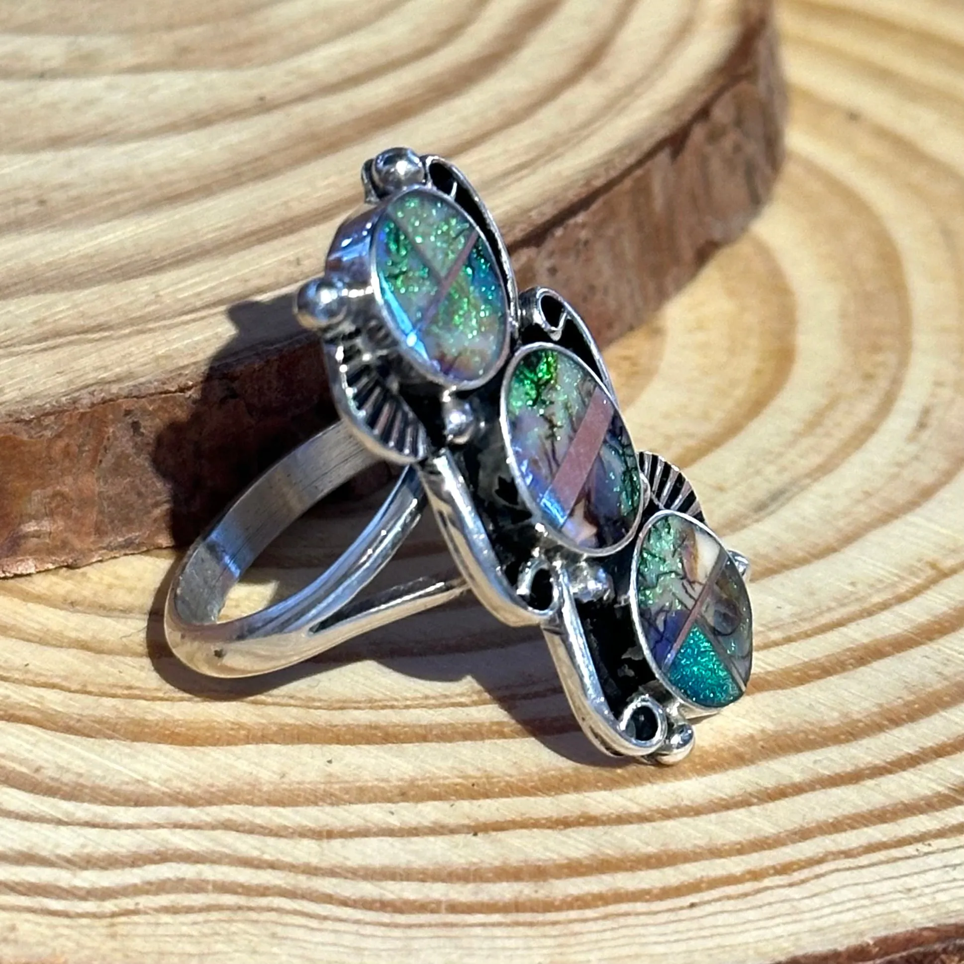 DRAGON TAILS Sterling Silver and Spiderweb Opal Inlay Ring Alice Mc Shirley  Size Adjustable