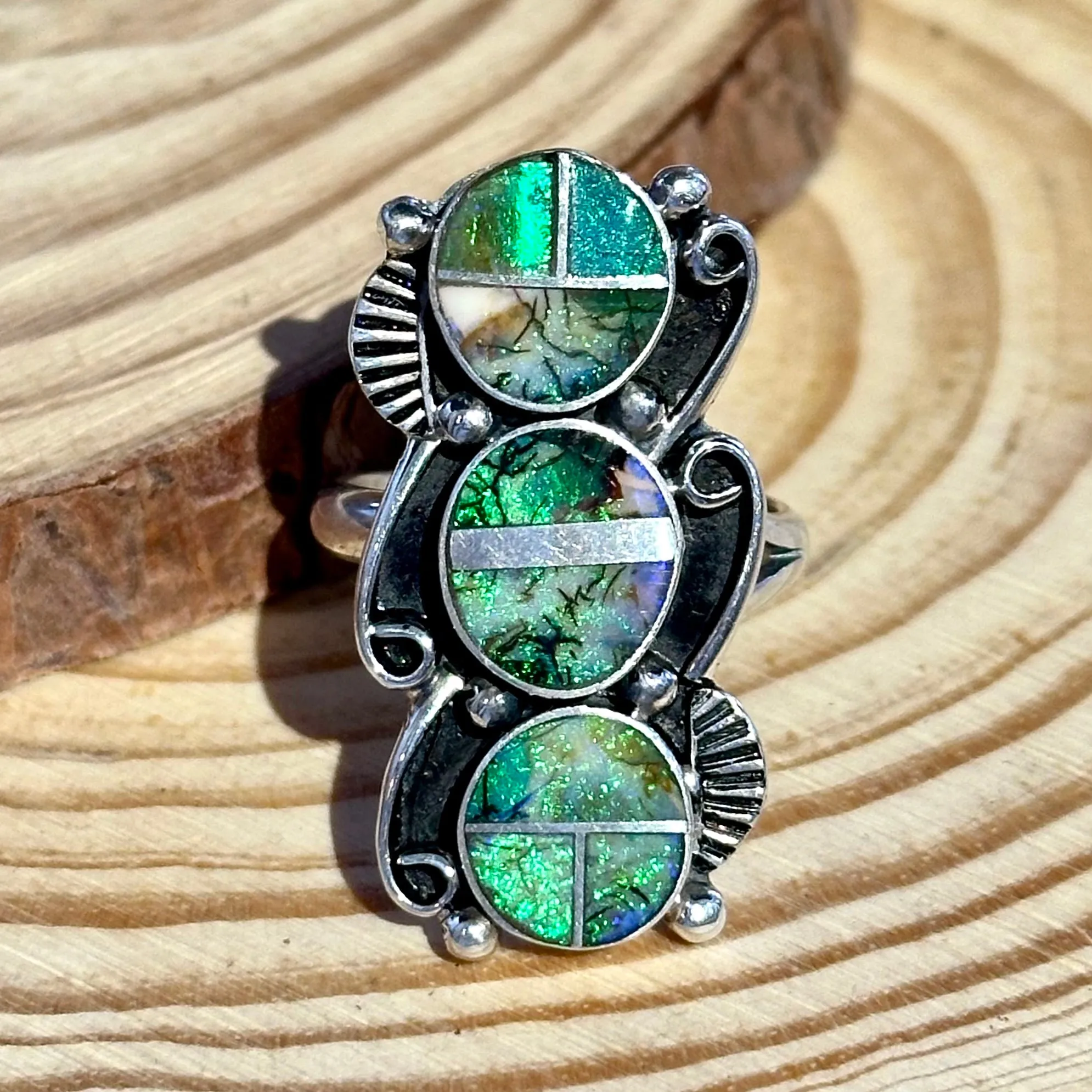 DRAGON TAILS Sterling Silver and Spiderweb Opal Inlay Ring Alice Mc Shirley  Size Adjustable