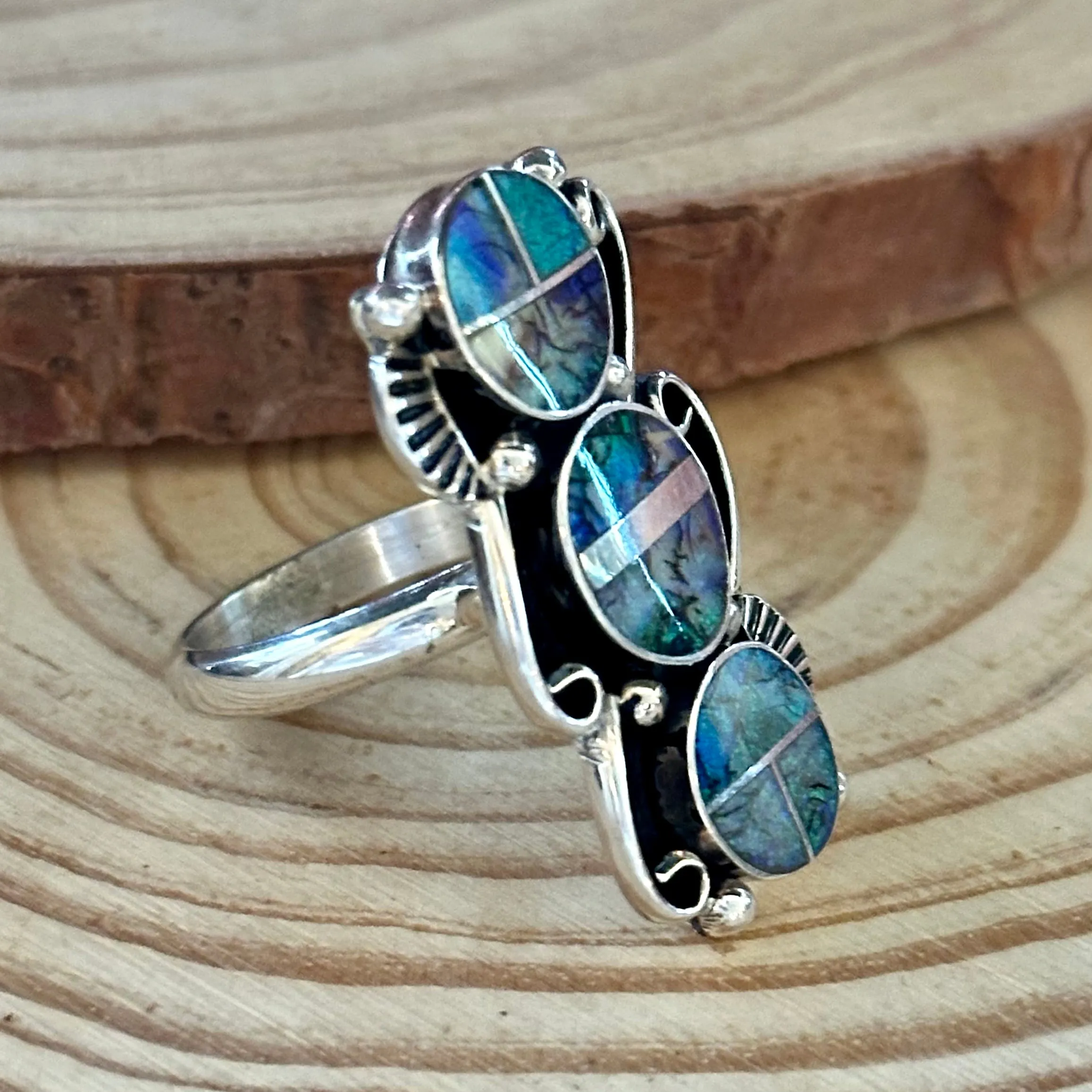 DRAGON TAILS Sterling Silver and Spiderweb Opal Inlay Ring Alice Mc Shirley  Size Adjustable