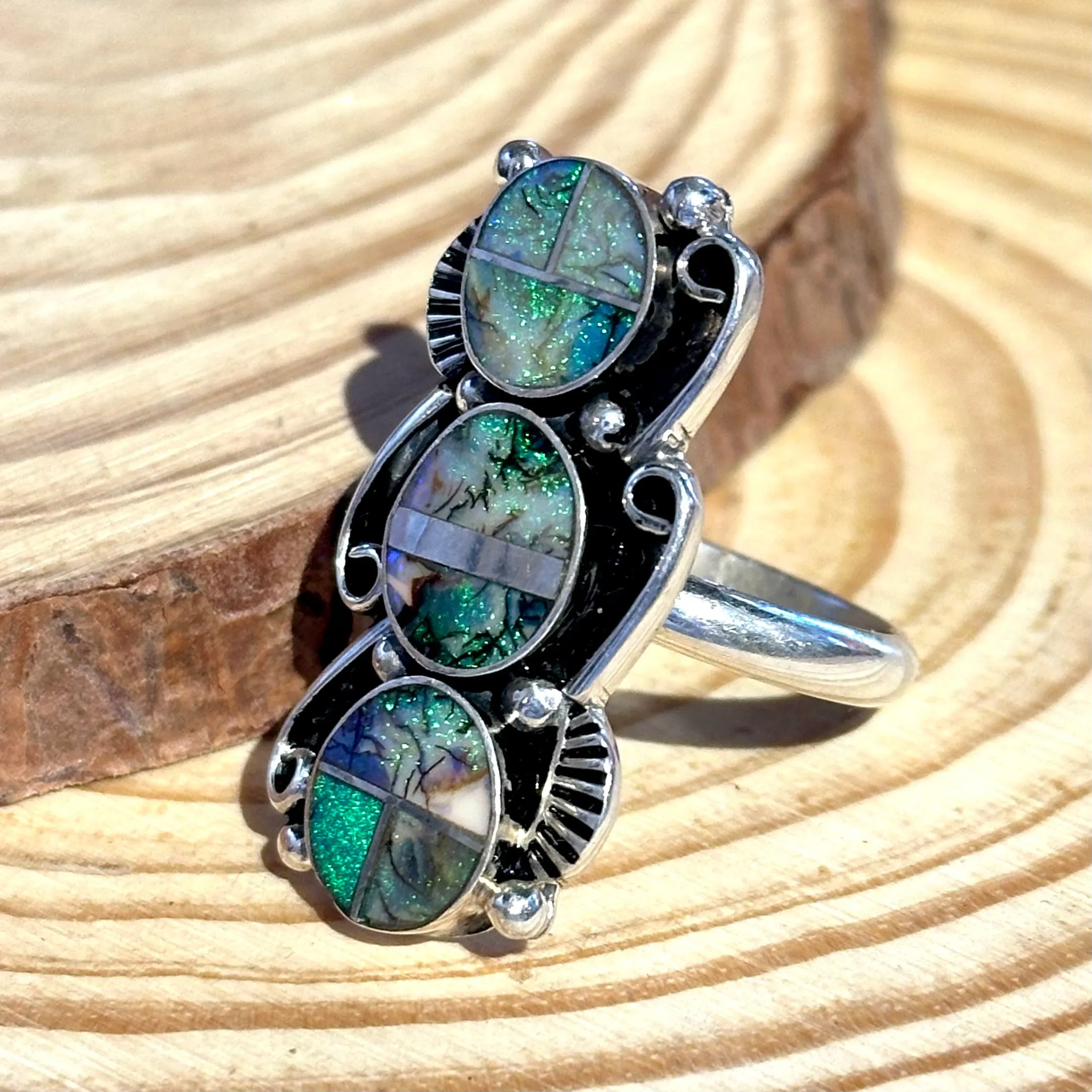 DRAGON TAILS Sterling Silver and Spiderweb Opal Inlay Ring Alice Mc Shirley  Size Adjustable