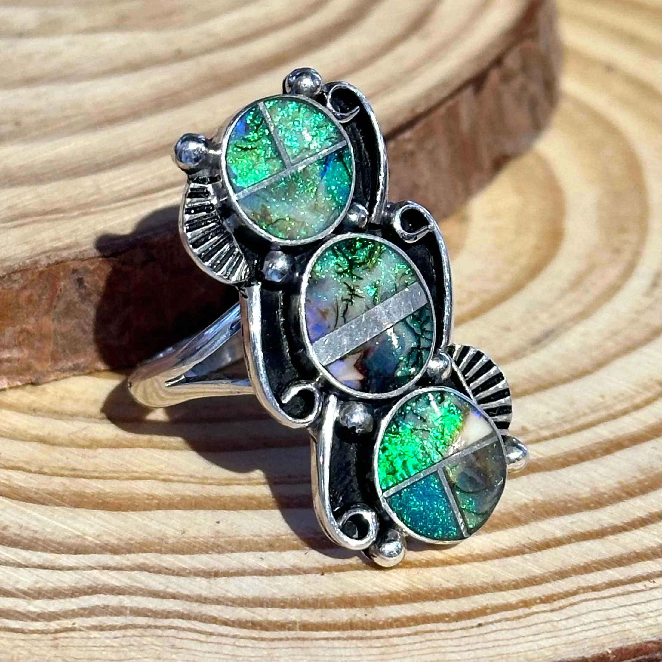 DRAGON TAILS Sterling Silver and Spiderweb Opal Inlay Ring Alice Mc Shirley  Size Adjustable