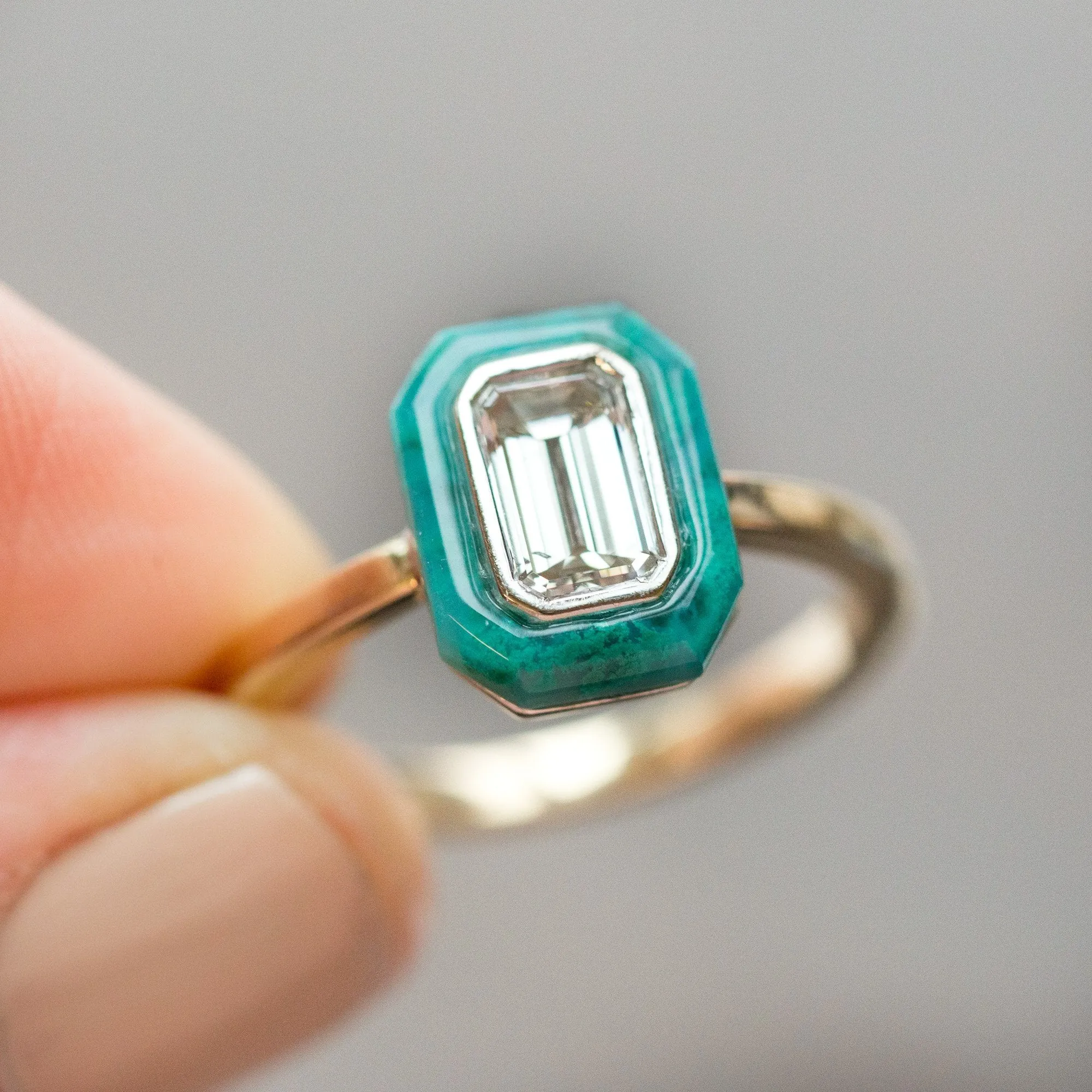 Emerald Cut Diamond and Green Gemstone Halo Ring - Chrysocolla Green Art Deco Ring in Two-Tone 14k Gold