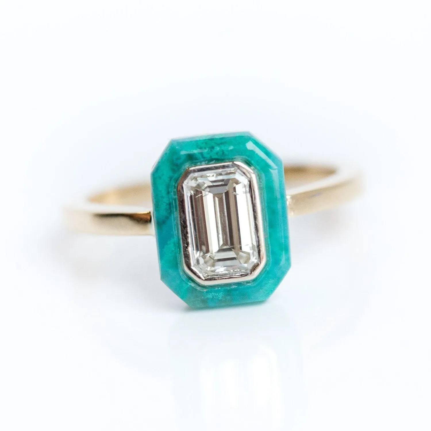 Emerald Cut Diamond and Green Gemstone Halo Ring - Chrysocolla Green Art Deco Ring in Two-Tone 14k Gold