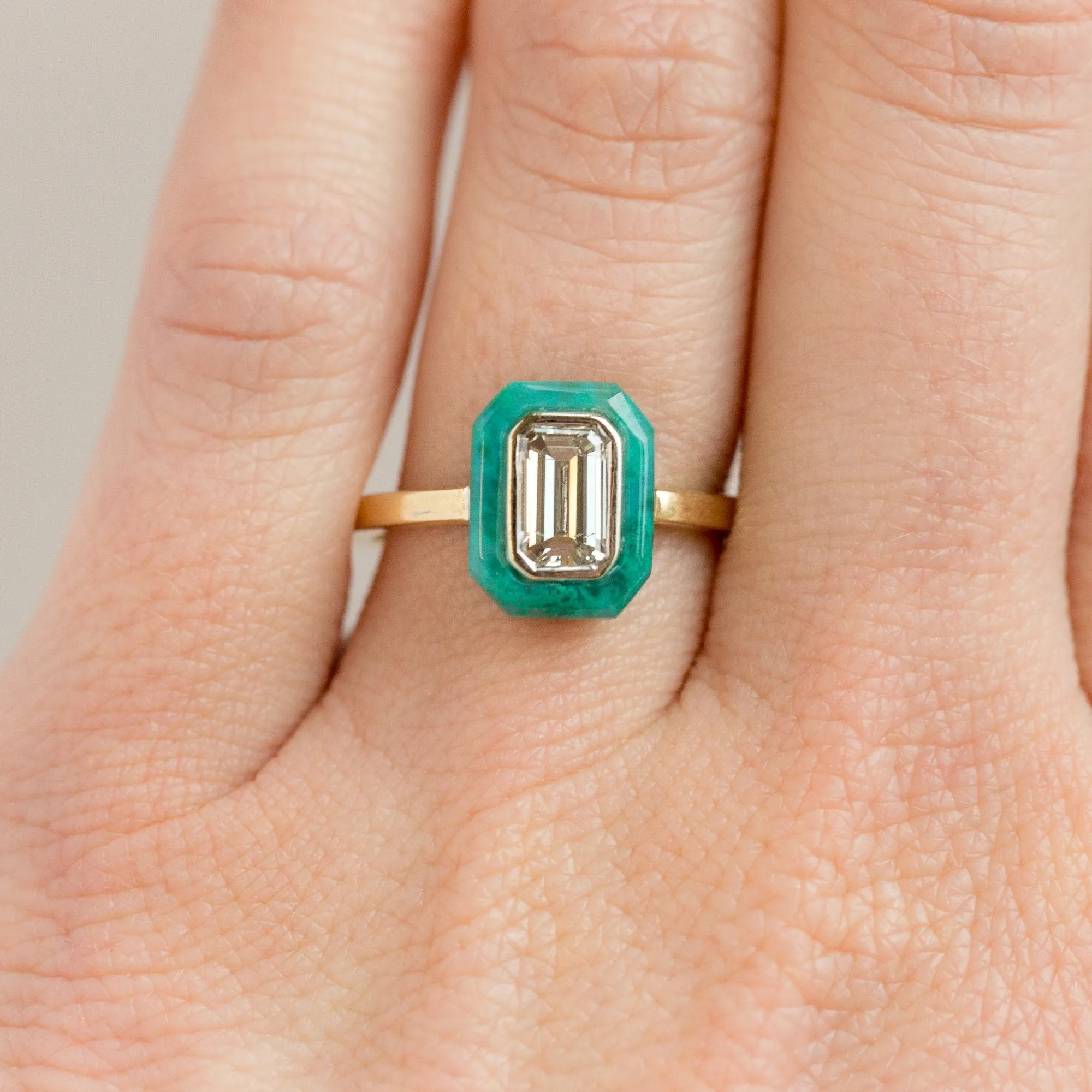 Emerald Cut Diamond and Green Gemstone Halo Ring - Chrysocolla Green Art Deco Ring in Two-Tone 14k Gold