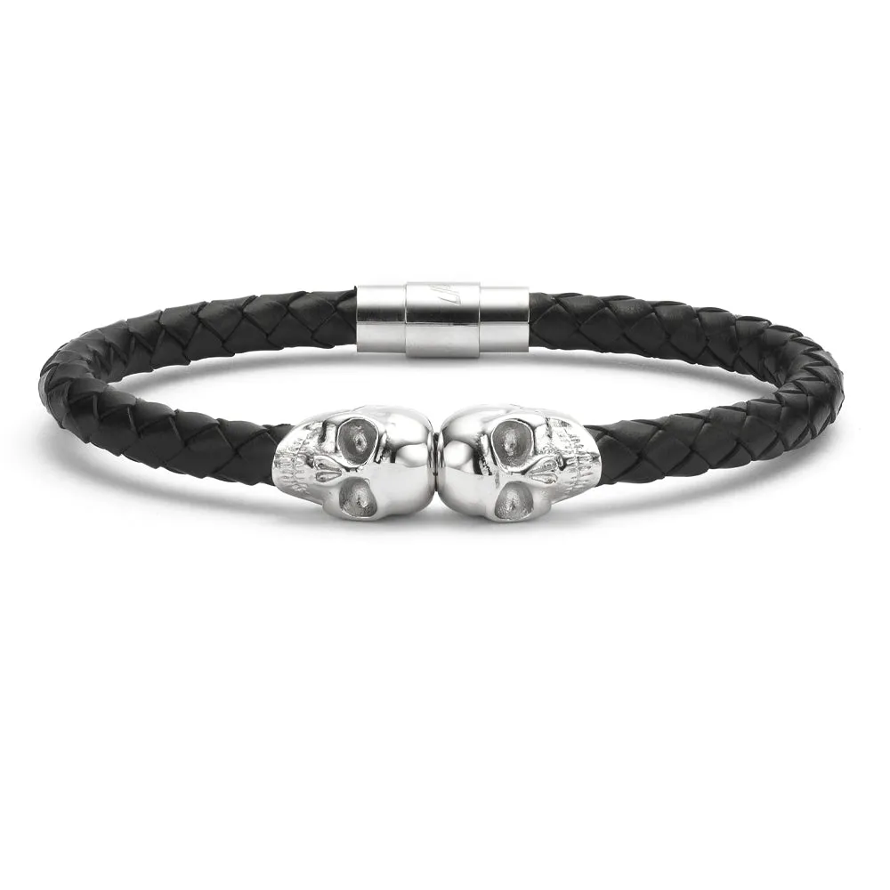 Genuine Leather Silver Twin Skull Bracelet