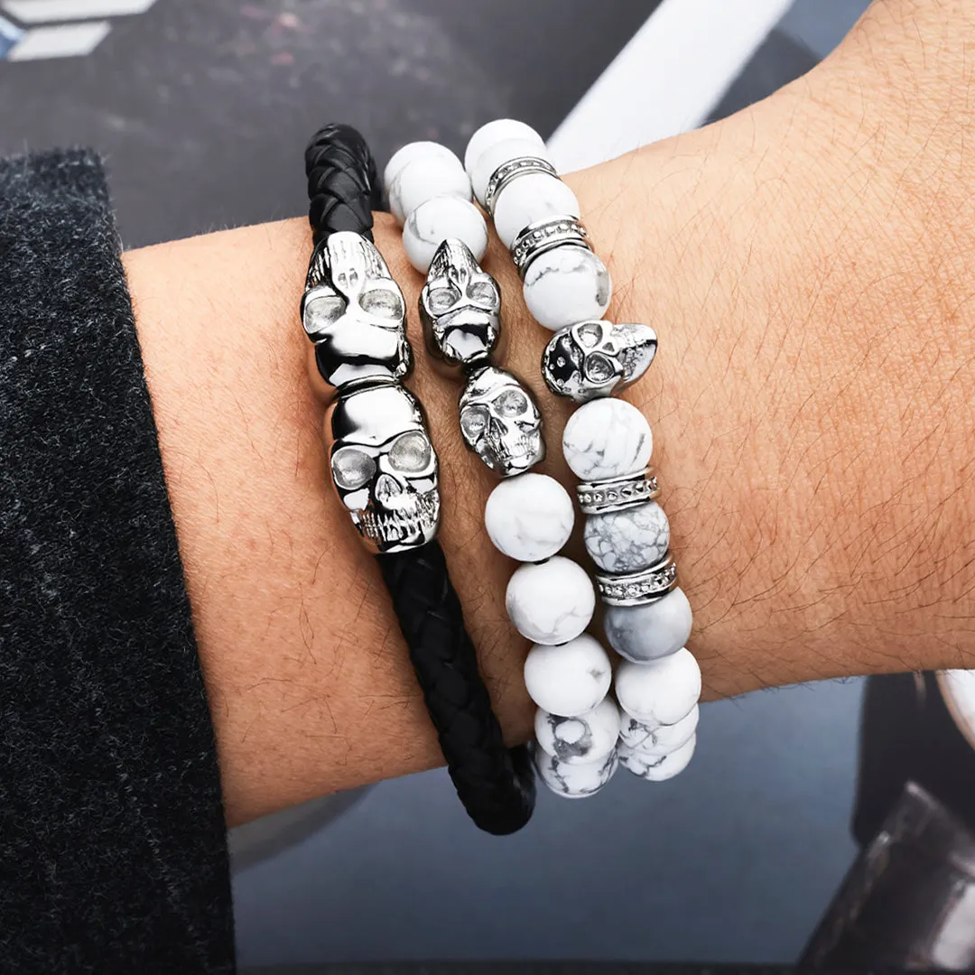 Genuine Leather Silver Twin Skull Bracelet